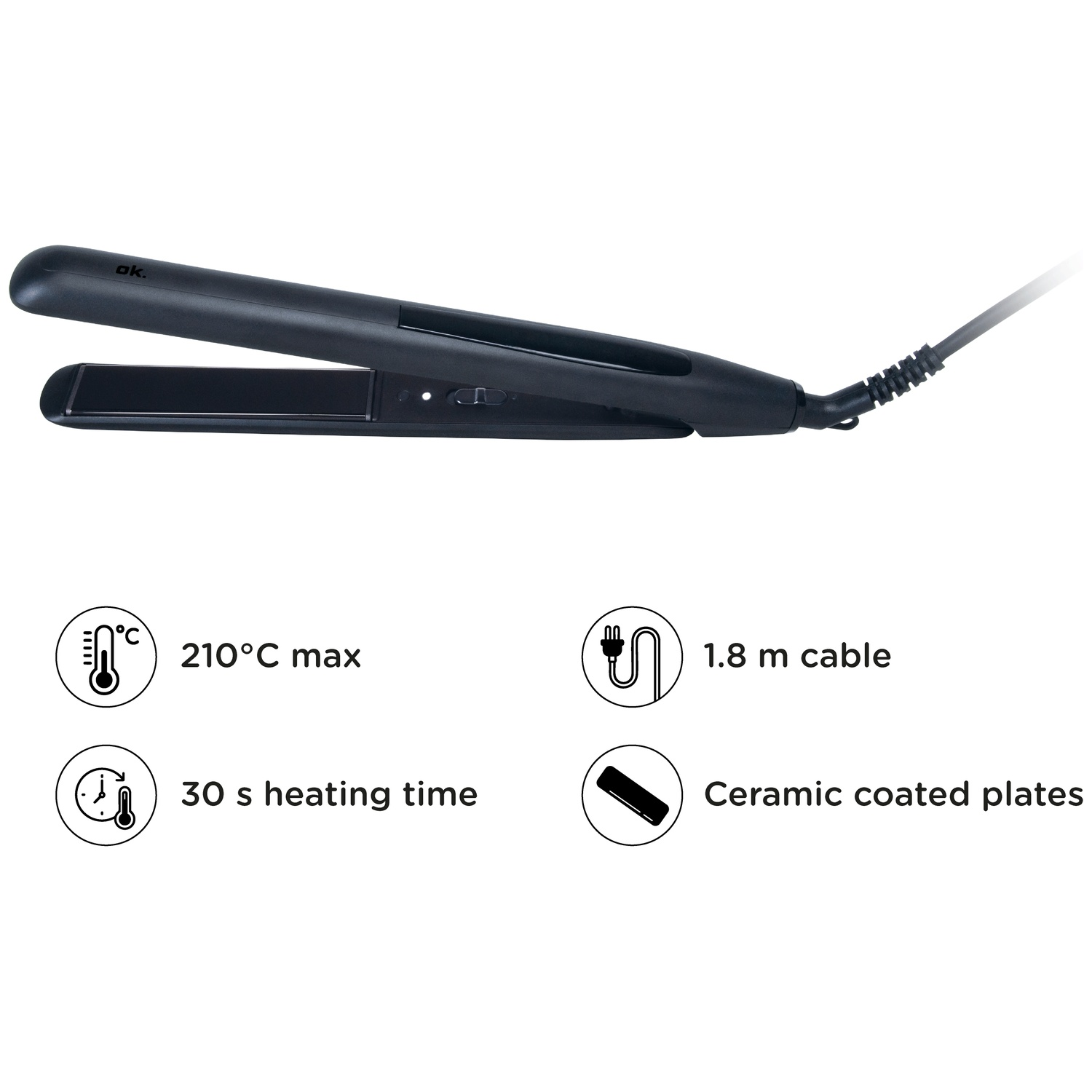 Black hair straightener with 210°C, 30s heating time, 1.8m cable.