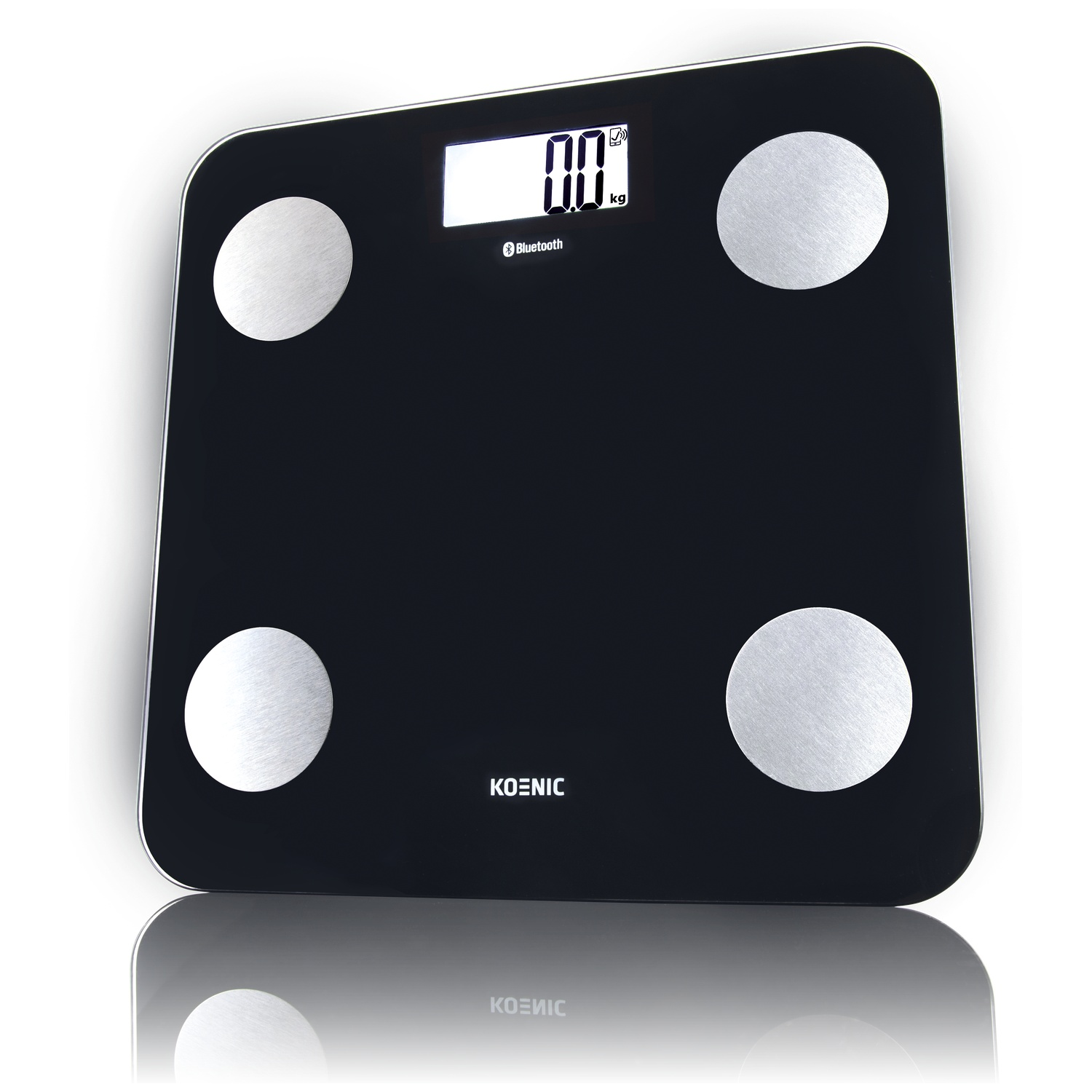 Black digital scale with four round sensors and a digital display showing 0.0.