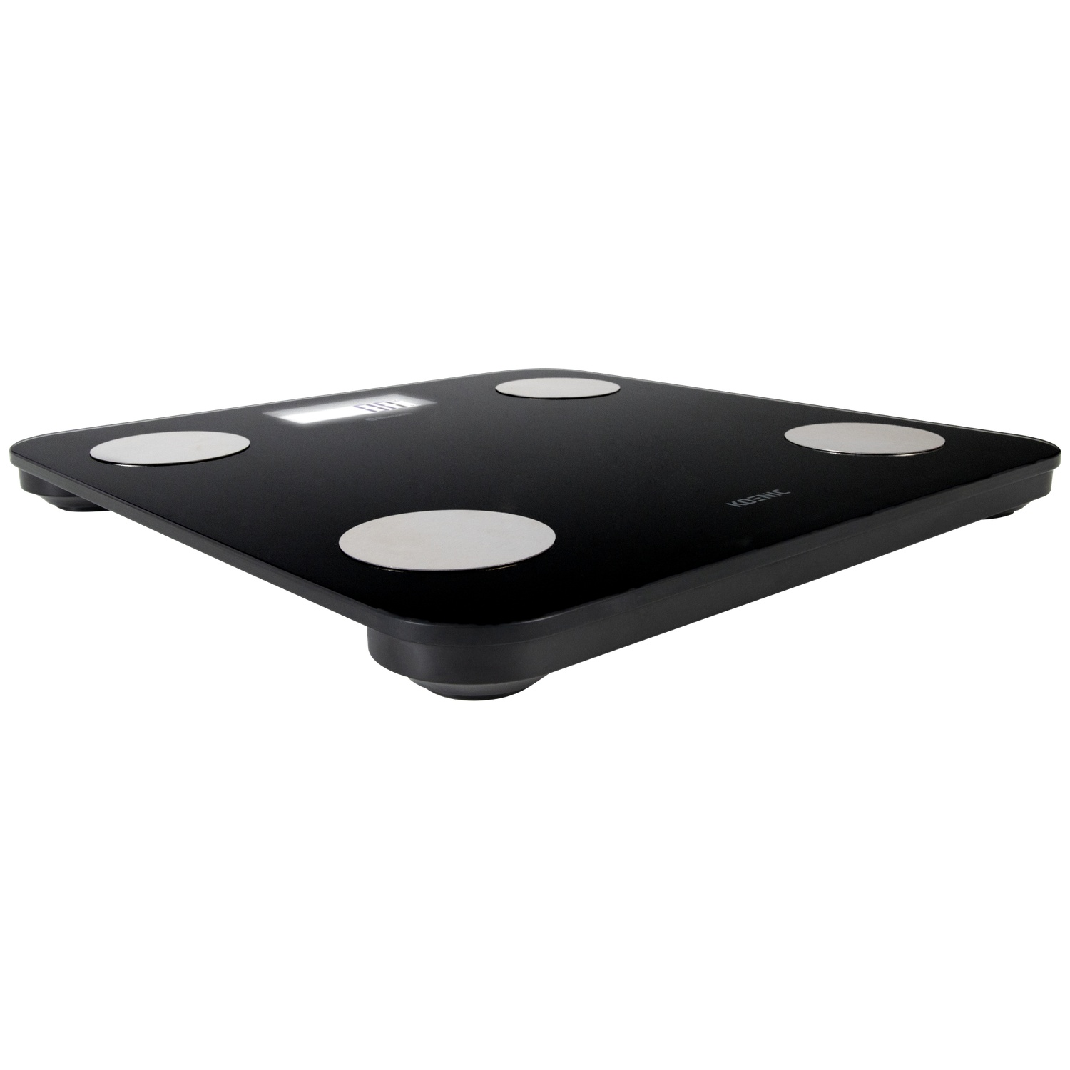 Black digital scale with silver sensors and illuminated display.