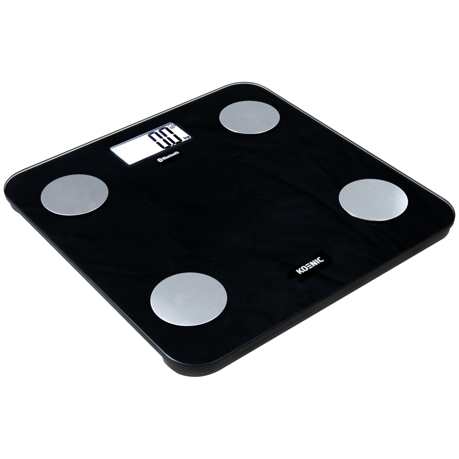Black digital personal scale with silver sensors and LCD display.