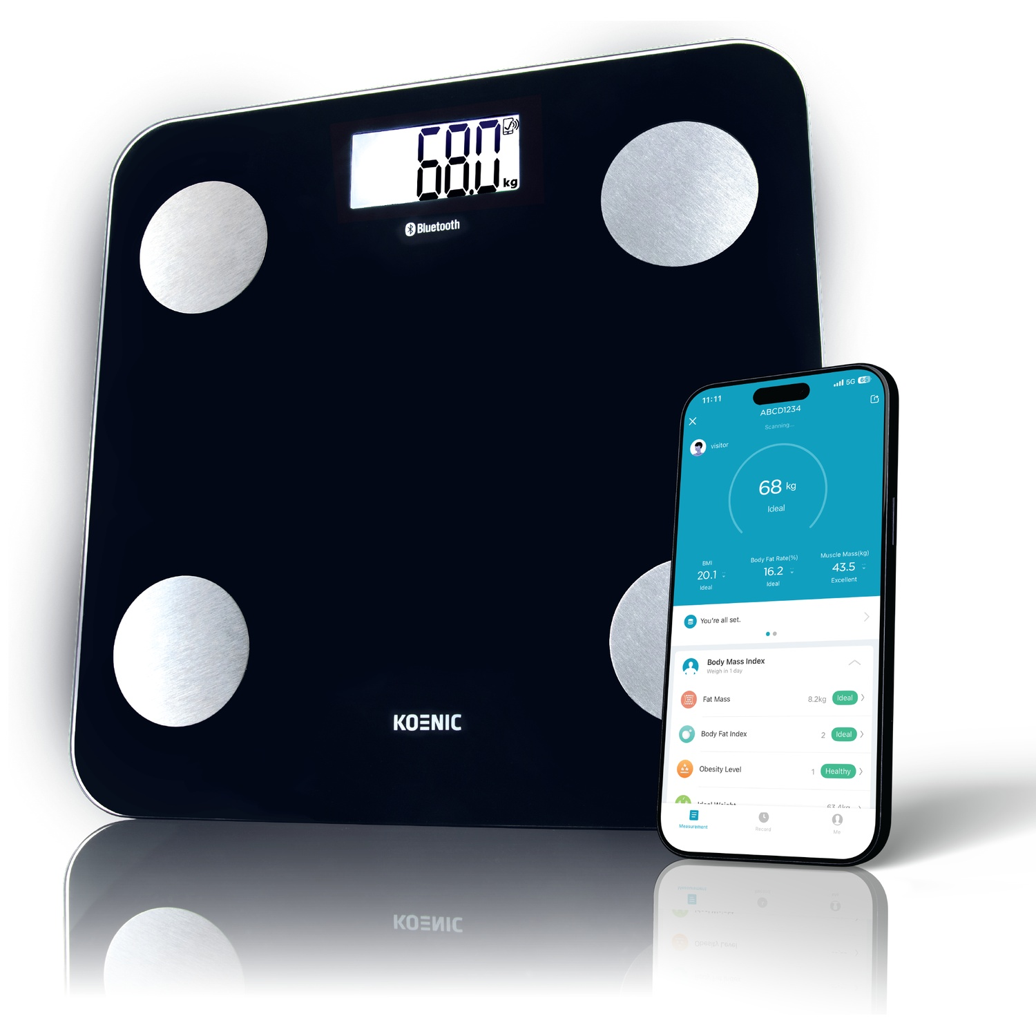 Black digital scale with a smartphone displaying health data.