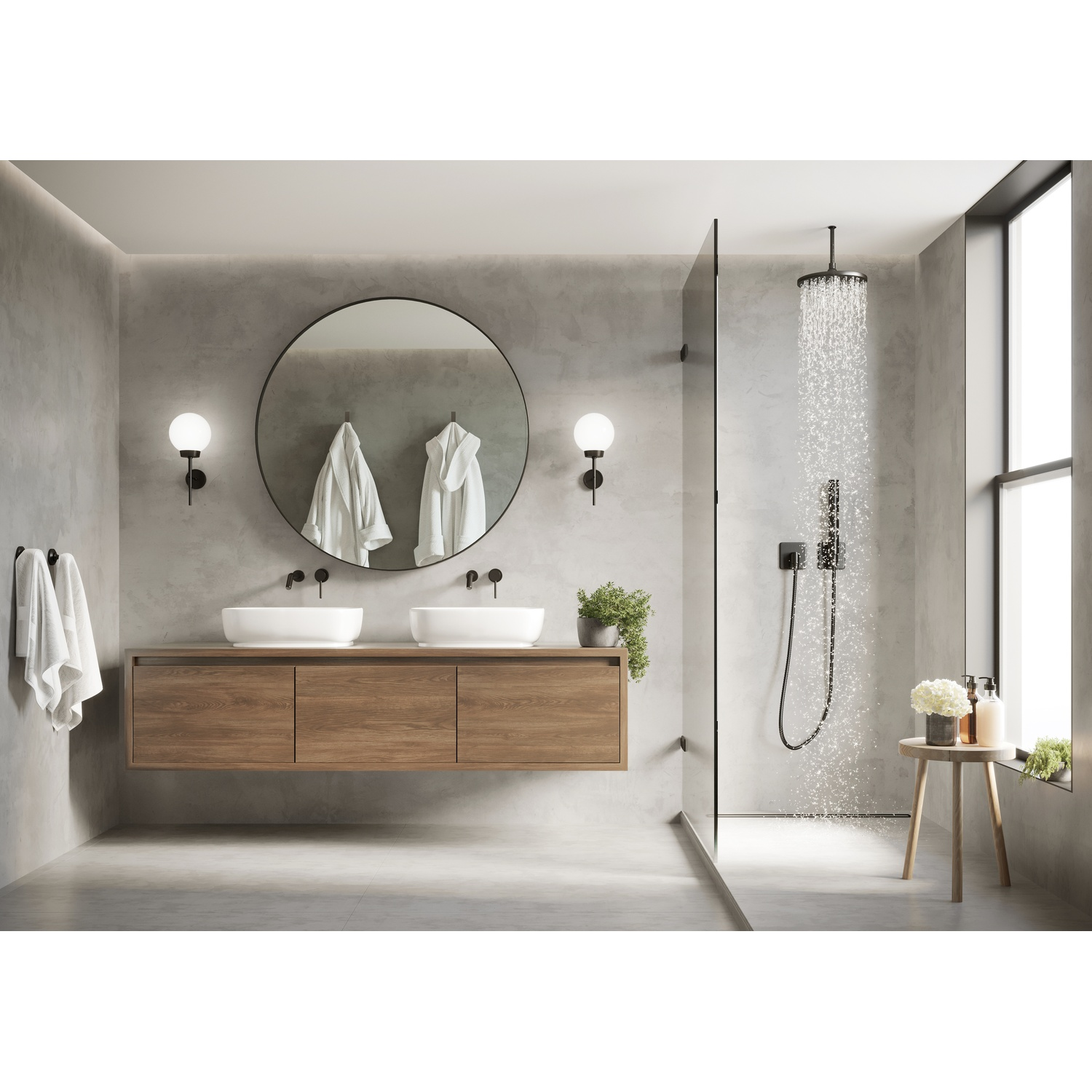 Modern bathroom with double vanity, shower, and window.