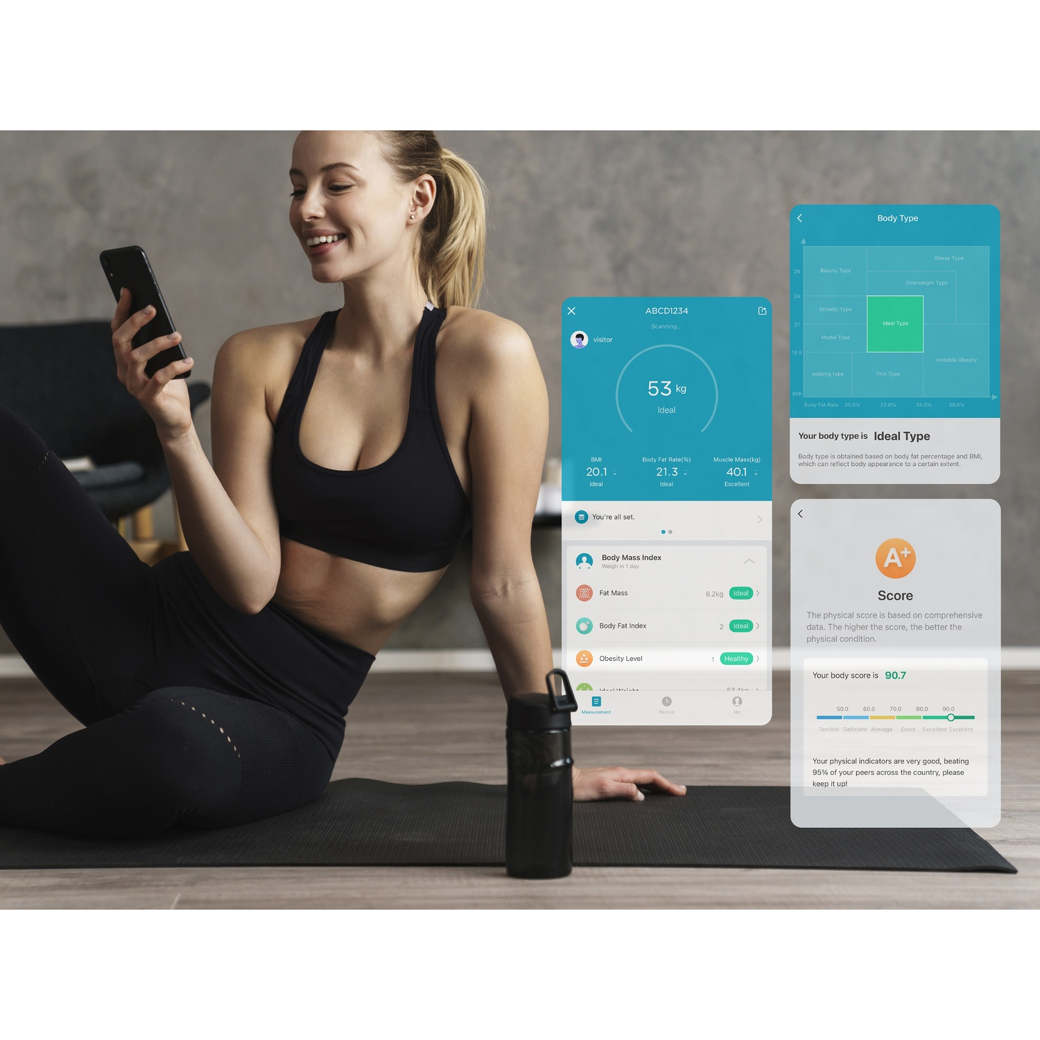 A woman looks at her phone displaying fitness app data. She is sitting on a mat.