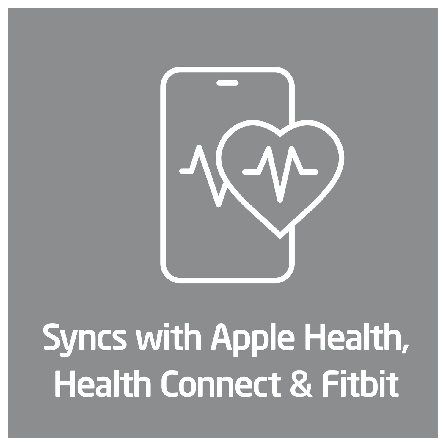 Smartphone icon with heart and EKG line. Syncs with Apple Health.