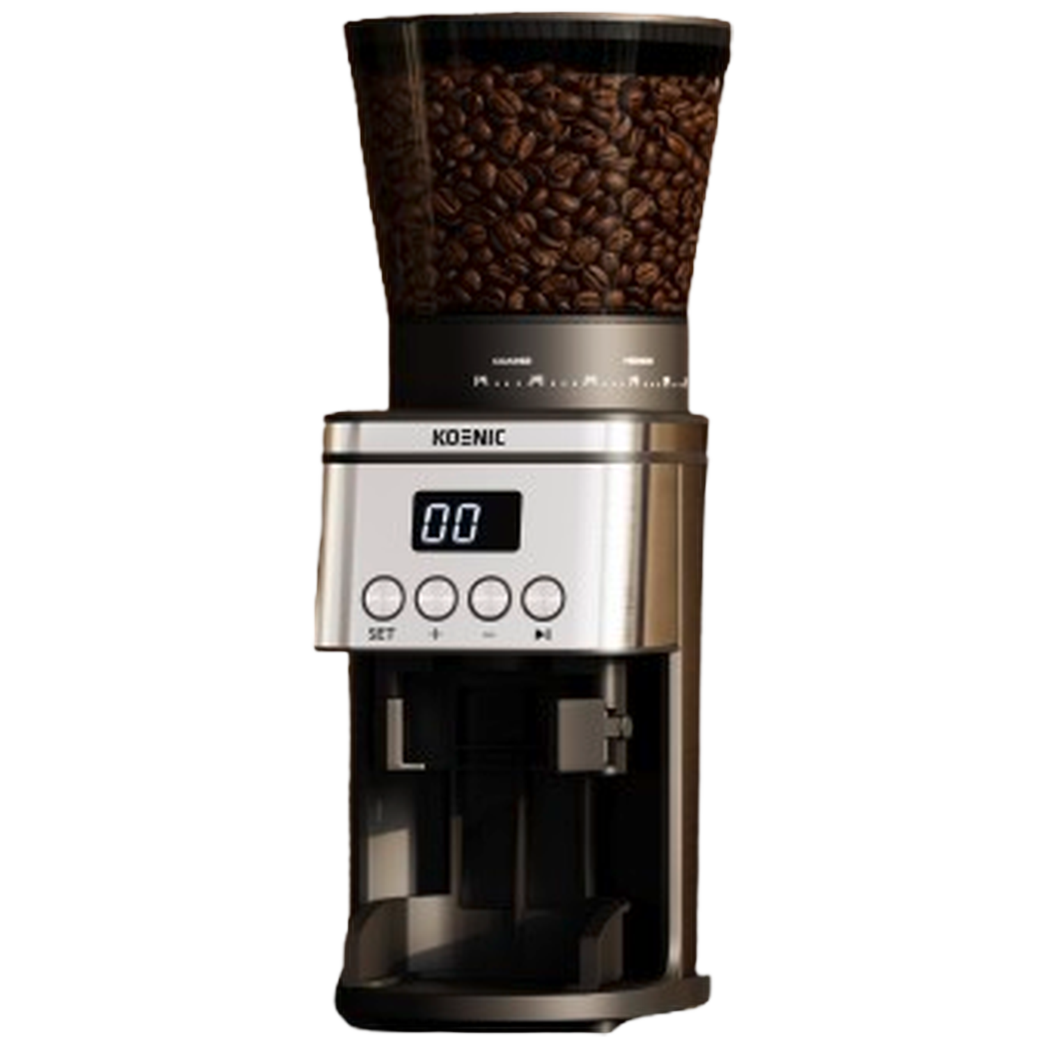 Koffiemolen met bonenreservoir, roestvrijstalen design en digitaal display.