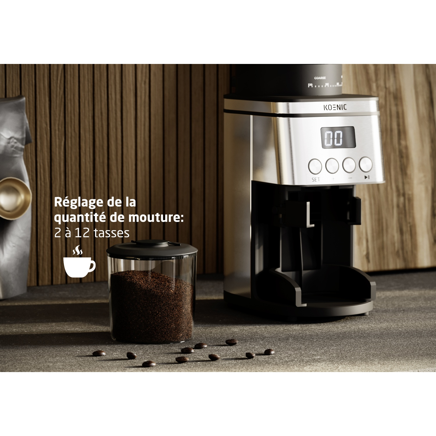 Een koffiemolen met een glazen pot voor koffiegruis en bonen.