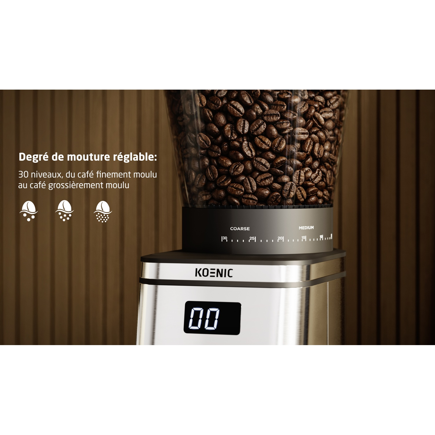 RVS koffiemolen met bonenreservoir en digitaal display. Instelbare maalgraad.