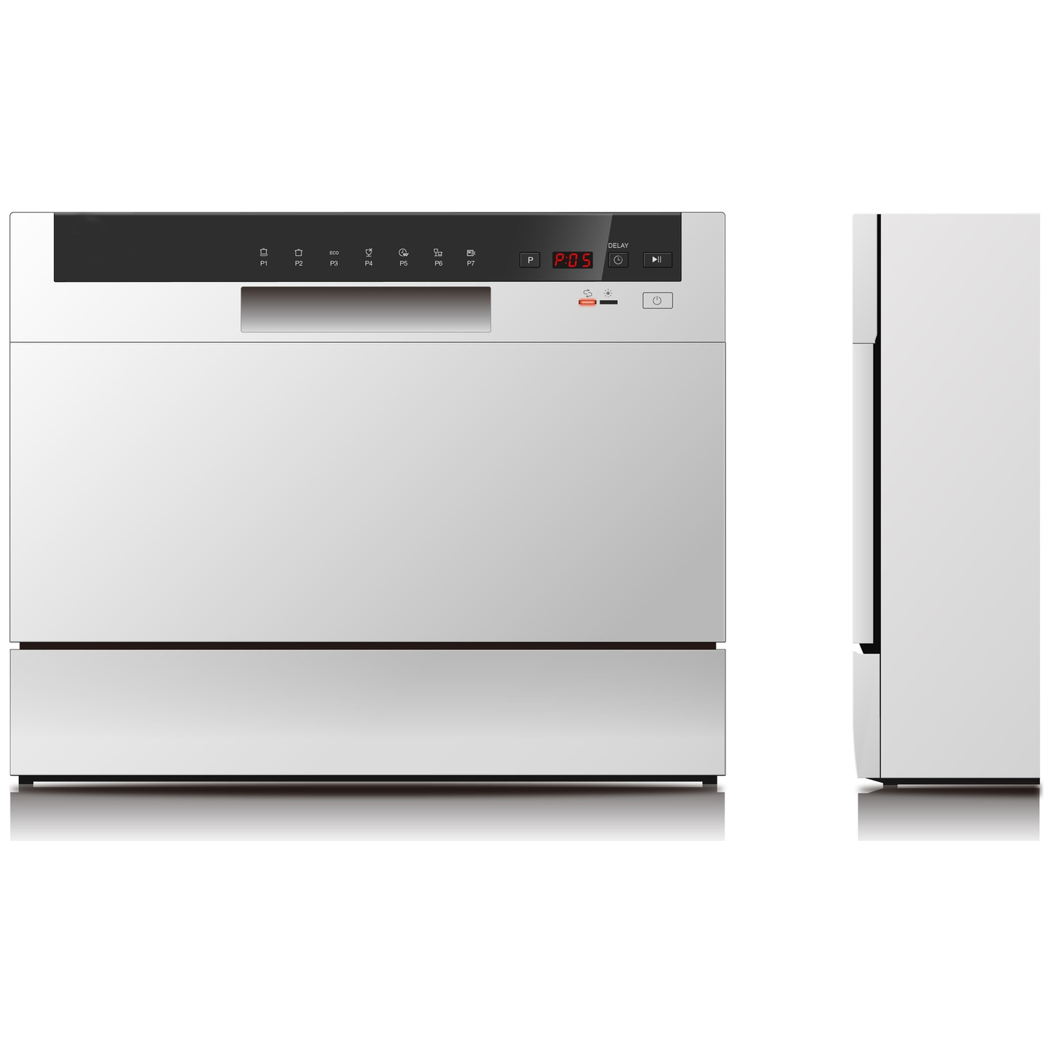A white dishwasher with a digital display and control buttons.