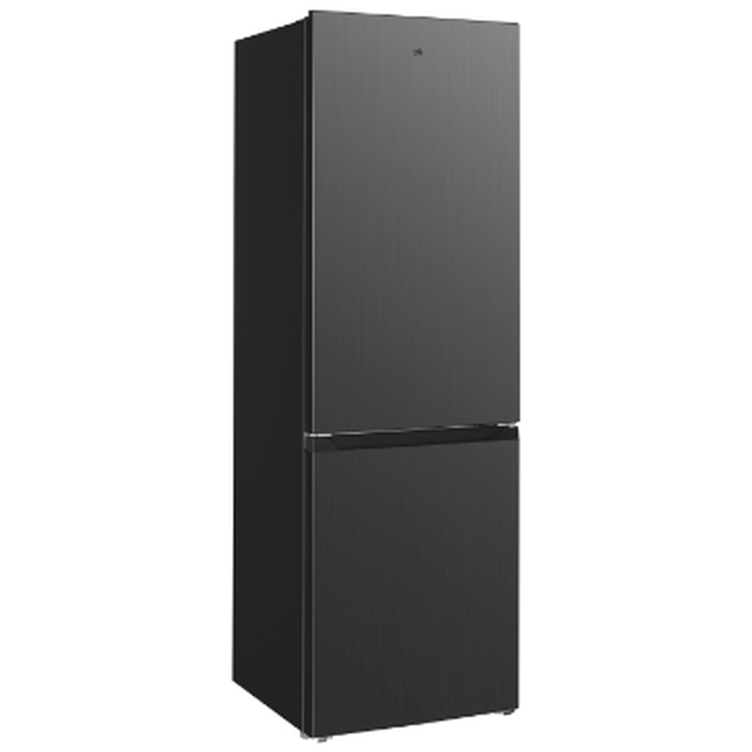 A black refrigerator with two doors, the freezer compartment is on top.