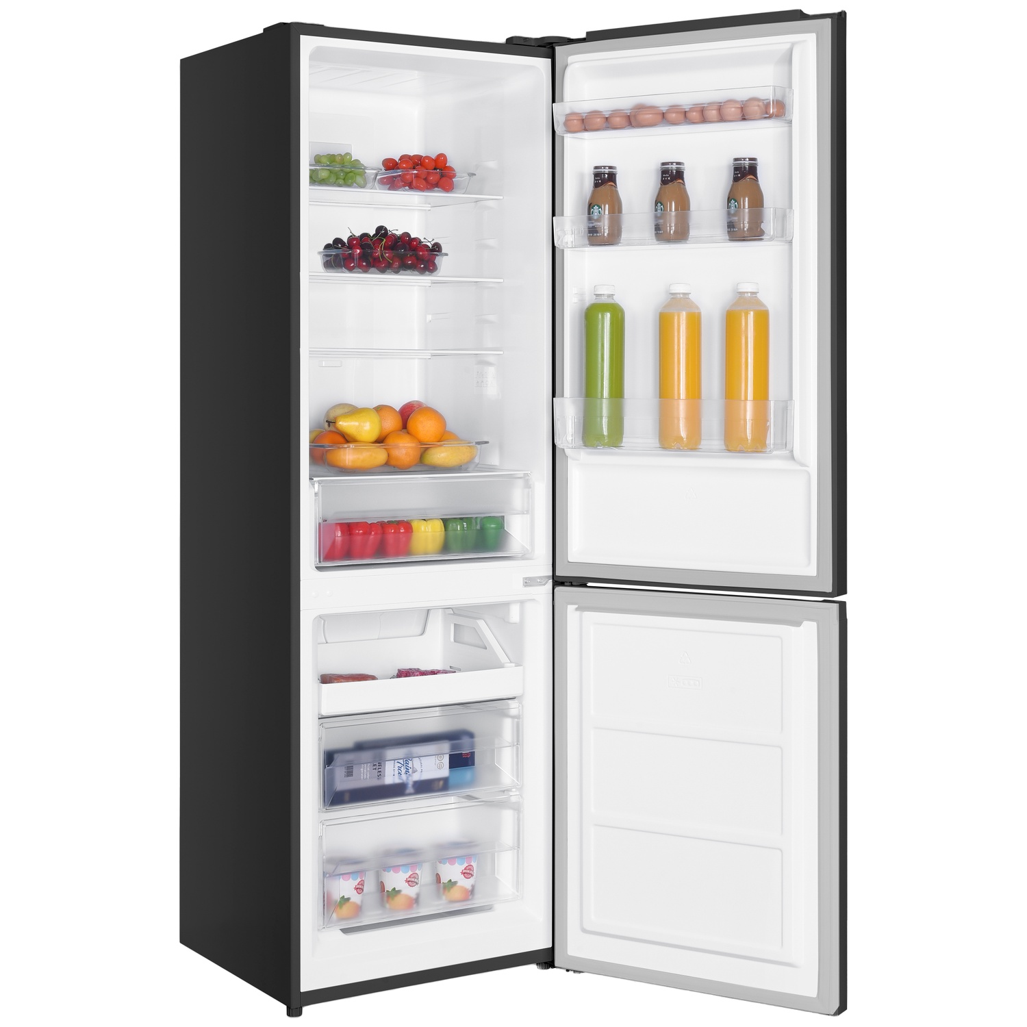 A black refrigerator with its door open, stocked with food items like fruits, vegetables, and drinks.