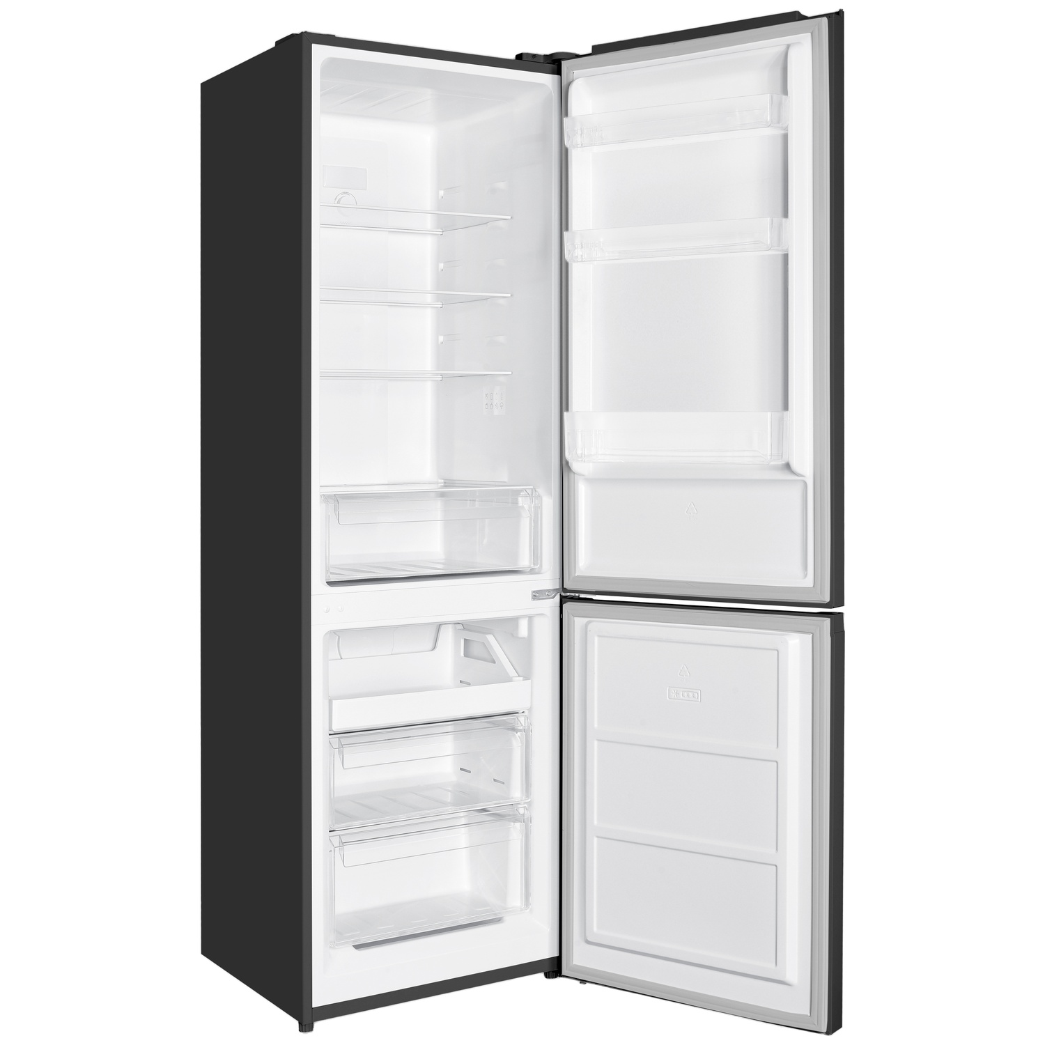 A black refrigerator with open doors, empty.