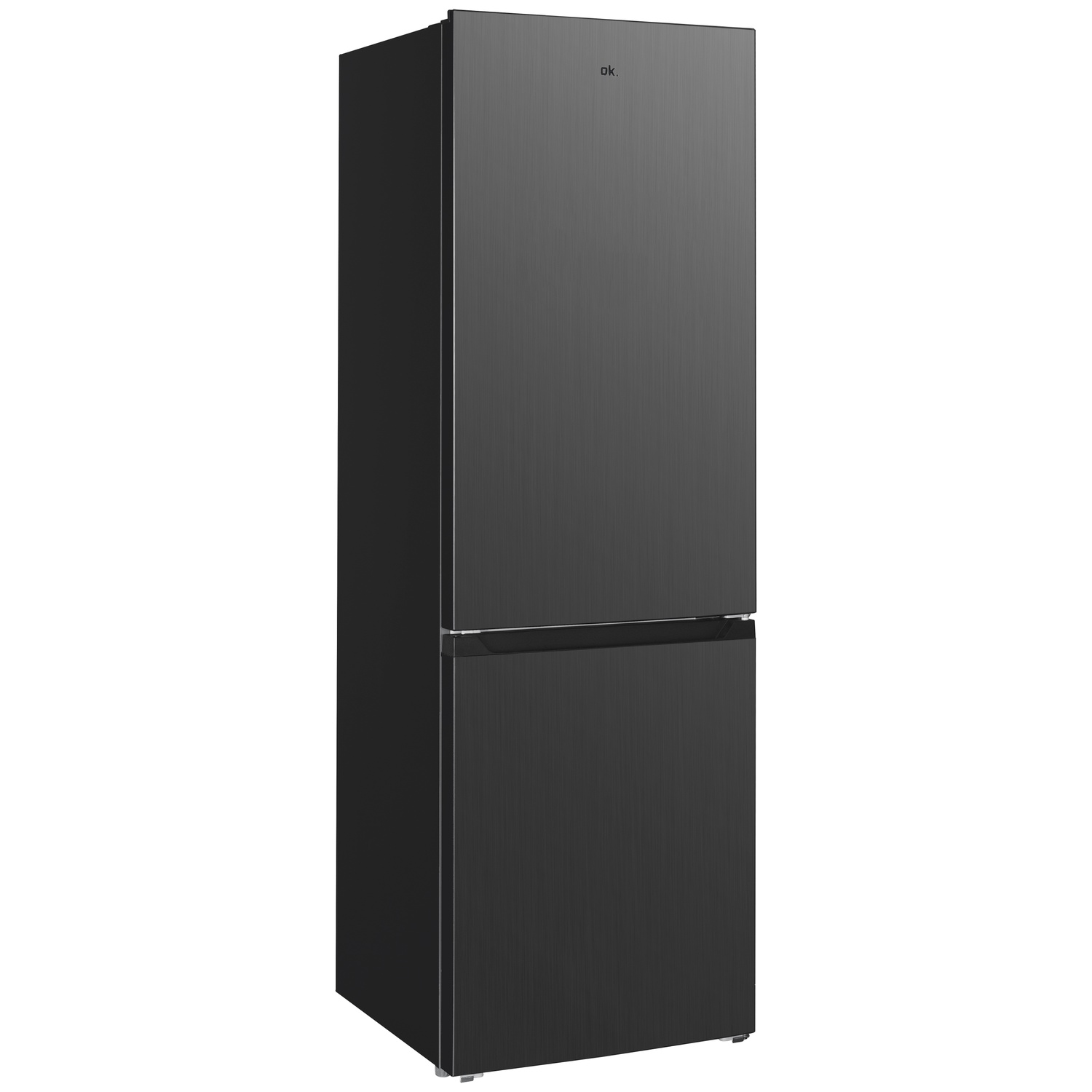 A black refrigerator with a brushed finish and two doors.