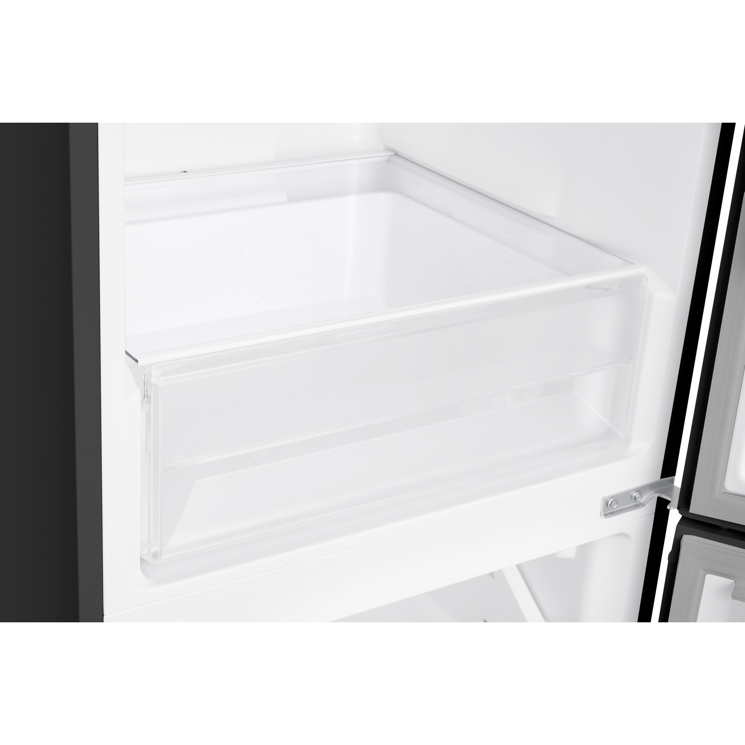 A clear refrigerator drawer with a white background.
