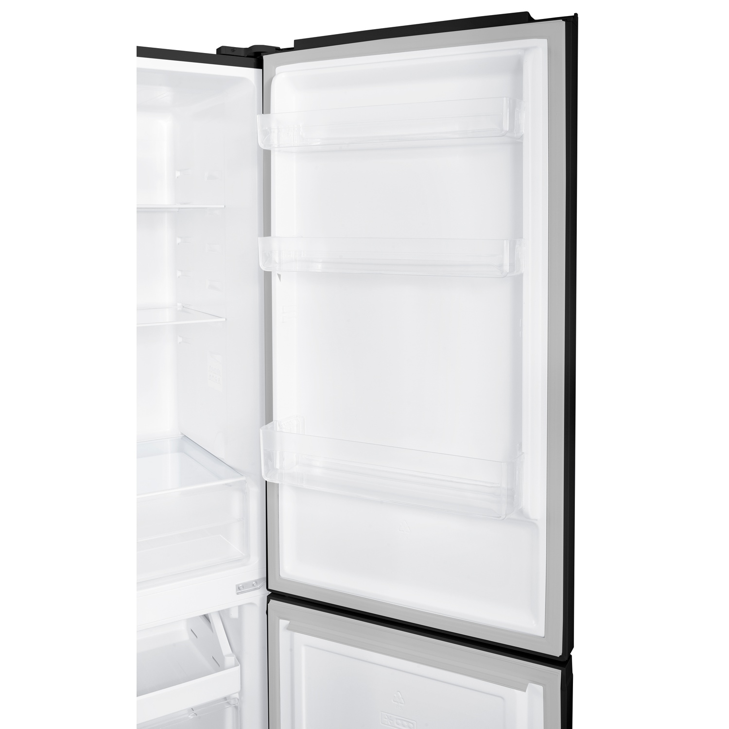Interior view of an open, empty refrigerator with shelves and drawers.