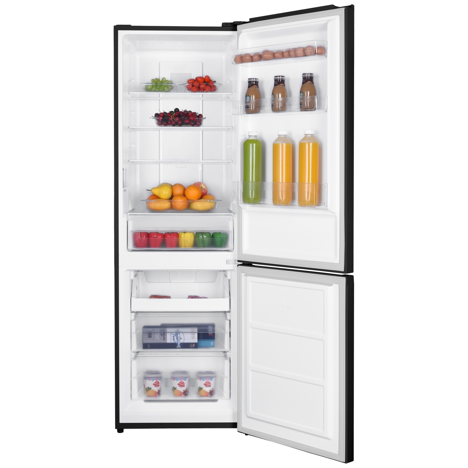 Open black refrigerator stocked with food items including fruits, drinks, and eggs.