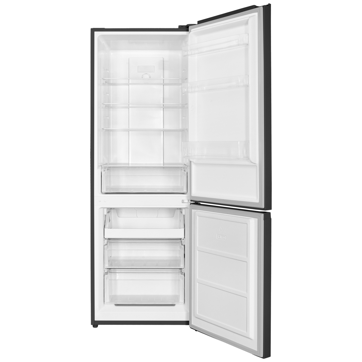 An open refrigerator showing shelves and drawers inside.