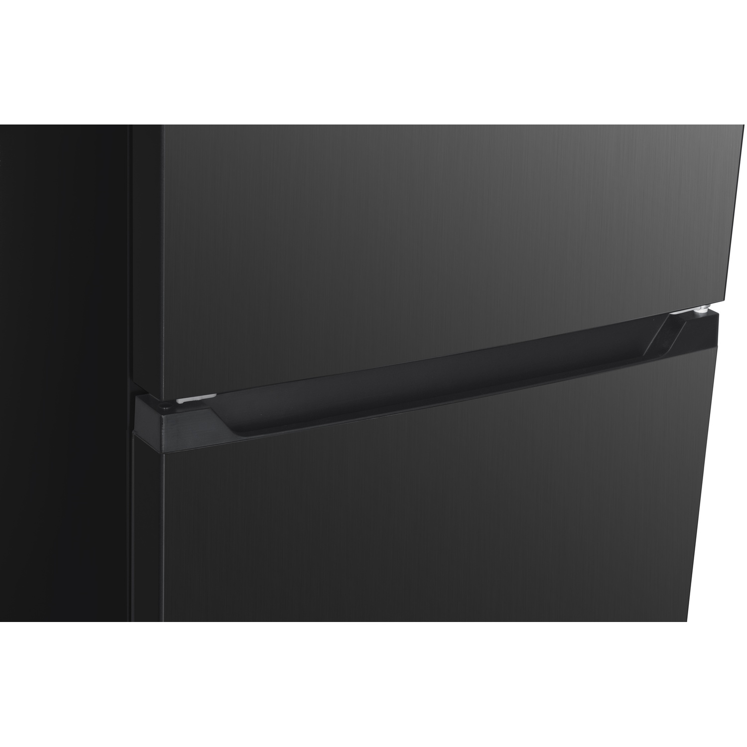 Close up of a black refrigerator door with a handle.