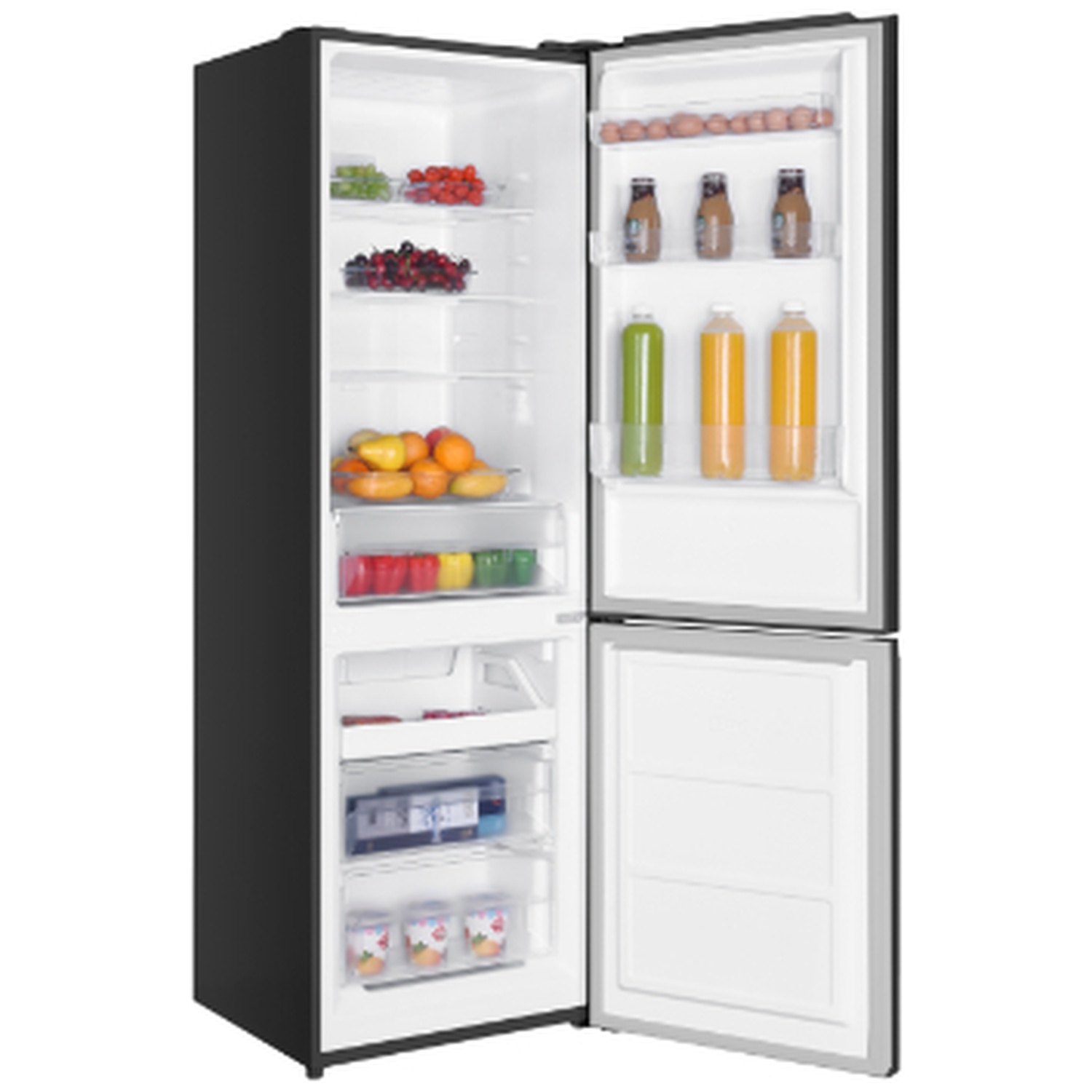 A black refrigerator with open doors, stocked with food items.