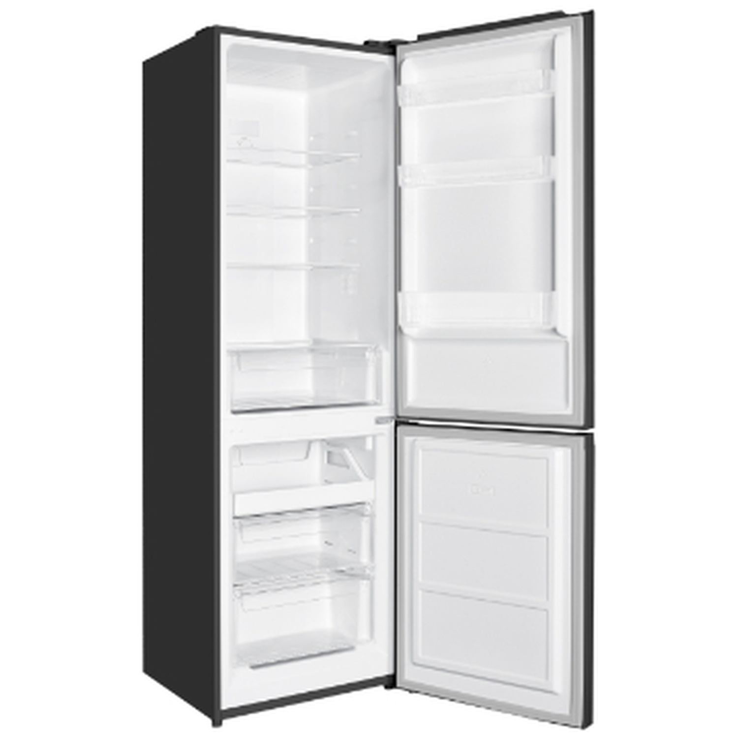 An open, dark refrigerator with multiple shelves and compartments.