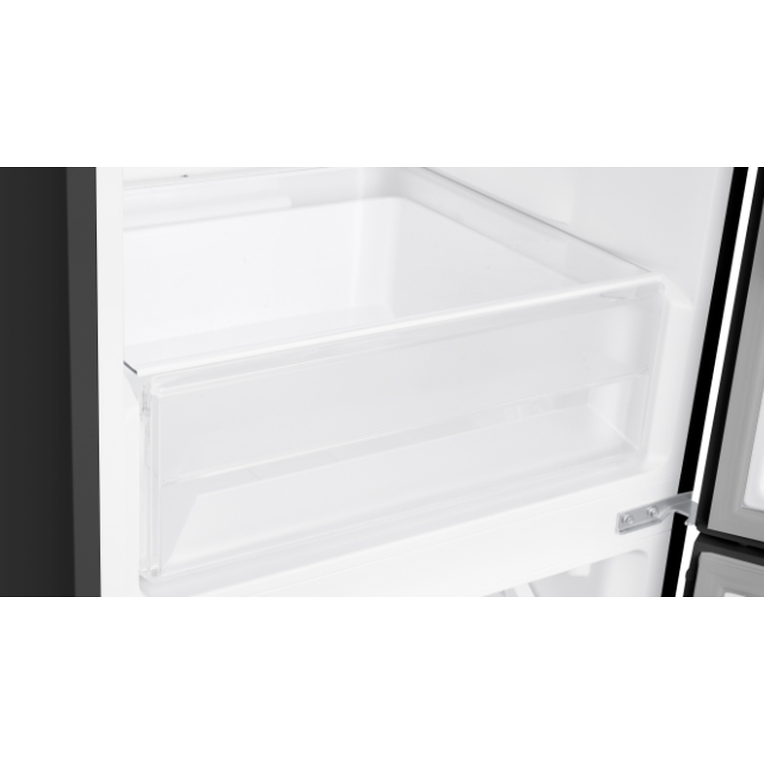 A clear plastic drawer with a handle inside a refrigerator.