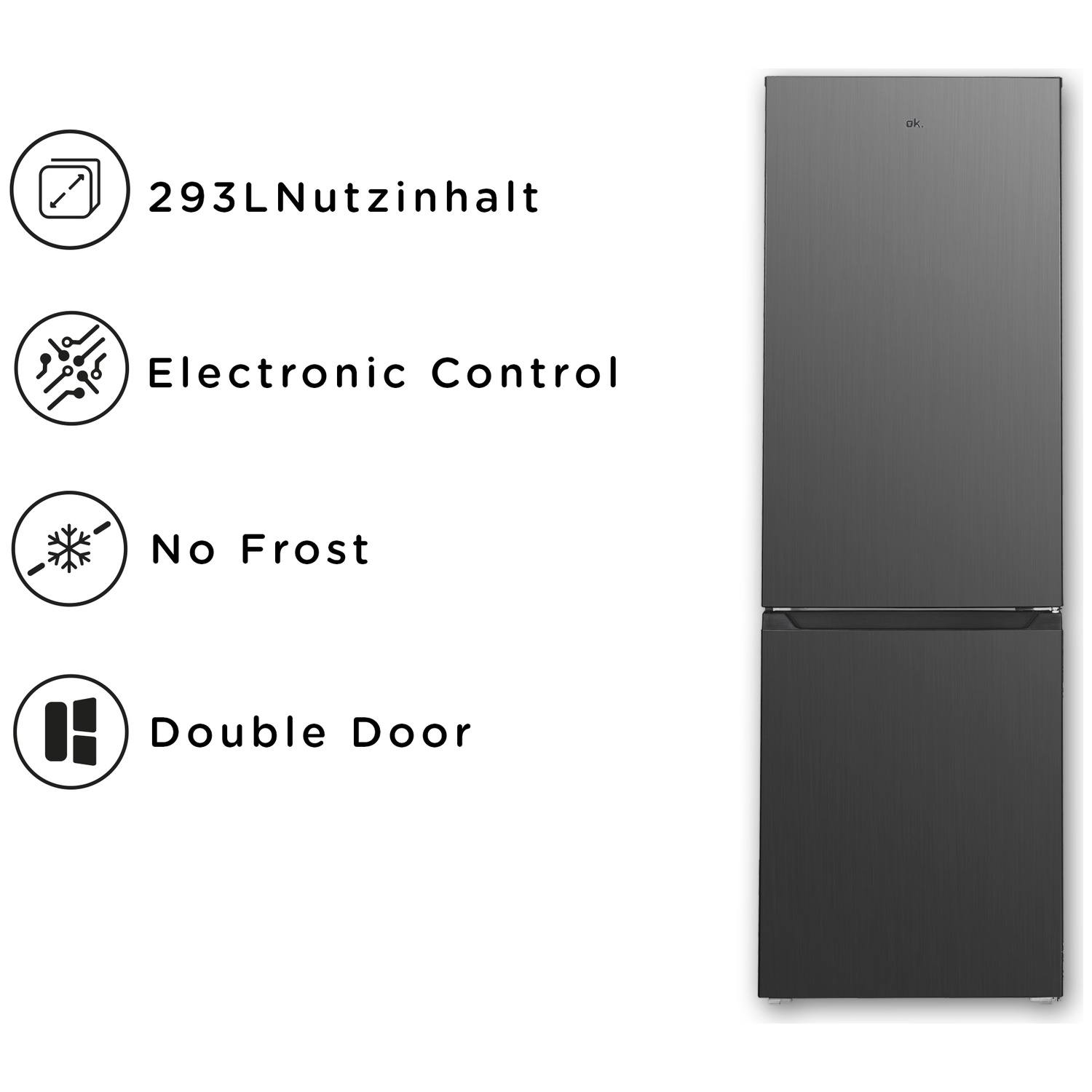 A gray refrigerator with 293L capacity, electronic control, No Frost.