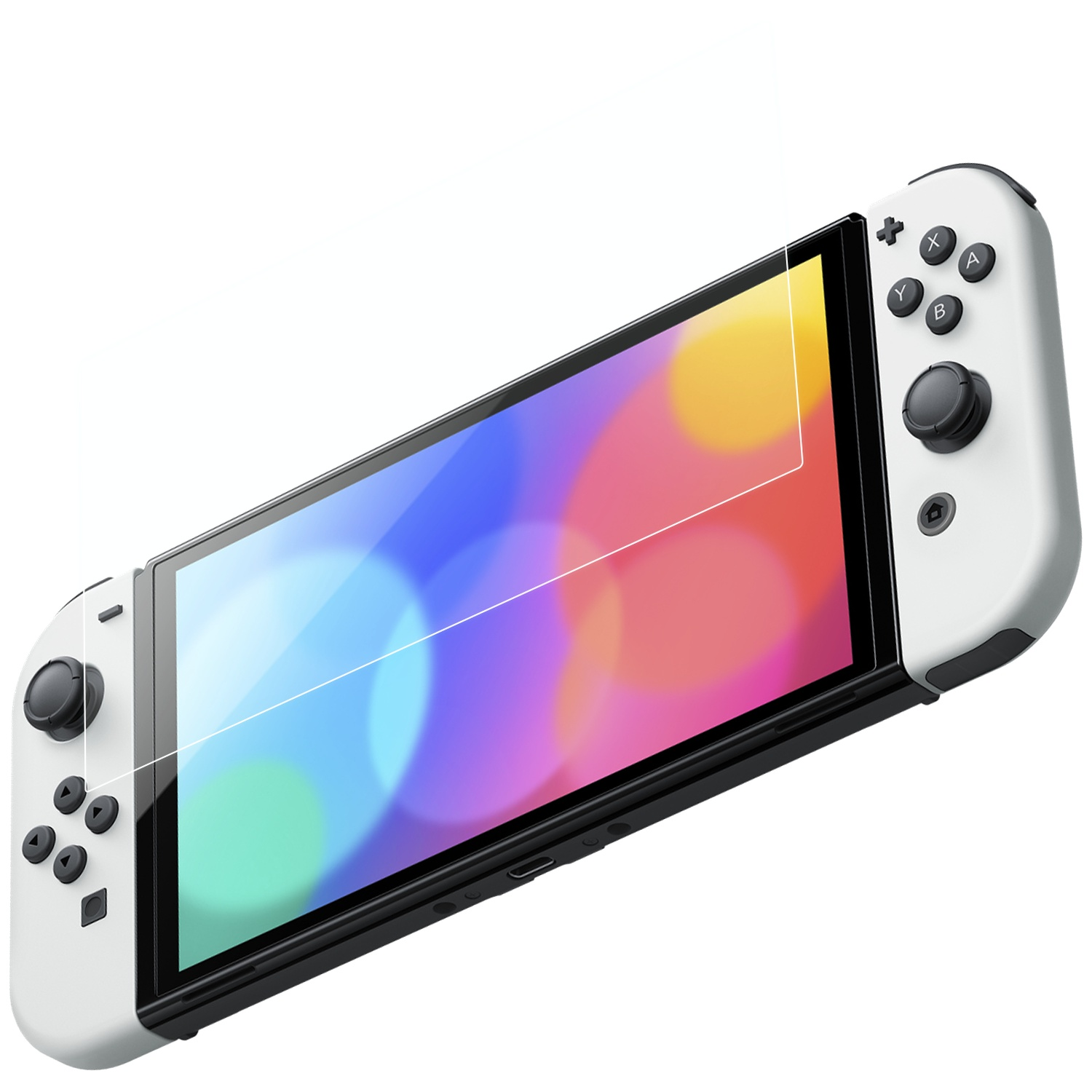 Un modèle blanc de Nintendo Switch OLED avec un protecteur d'écran en verre.