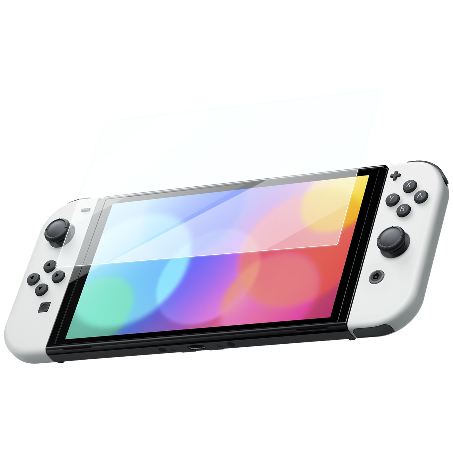 Une Nintendo Switch blanche avec protection d'écran. Lumières colorées sur l'écran.