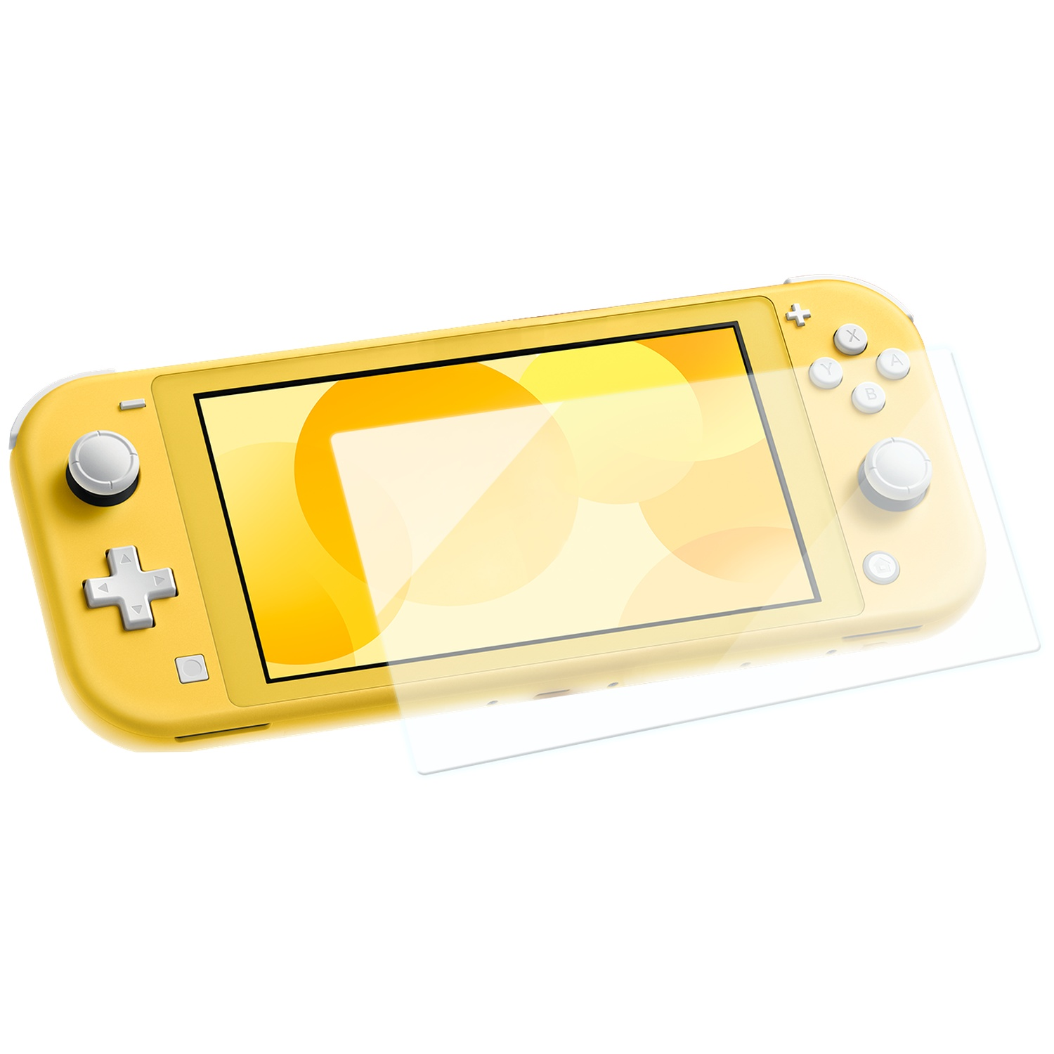 Une Nintendo Switch Lite jaune avec protecteur d'écran.