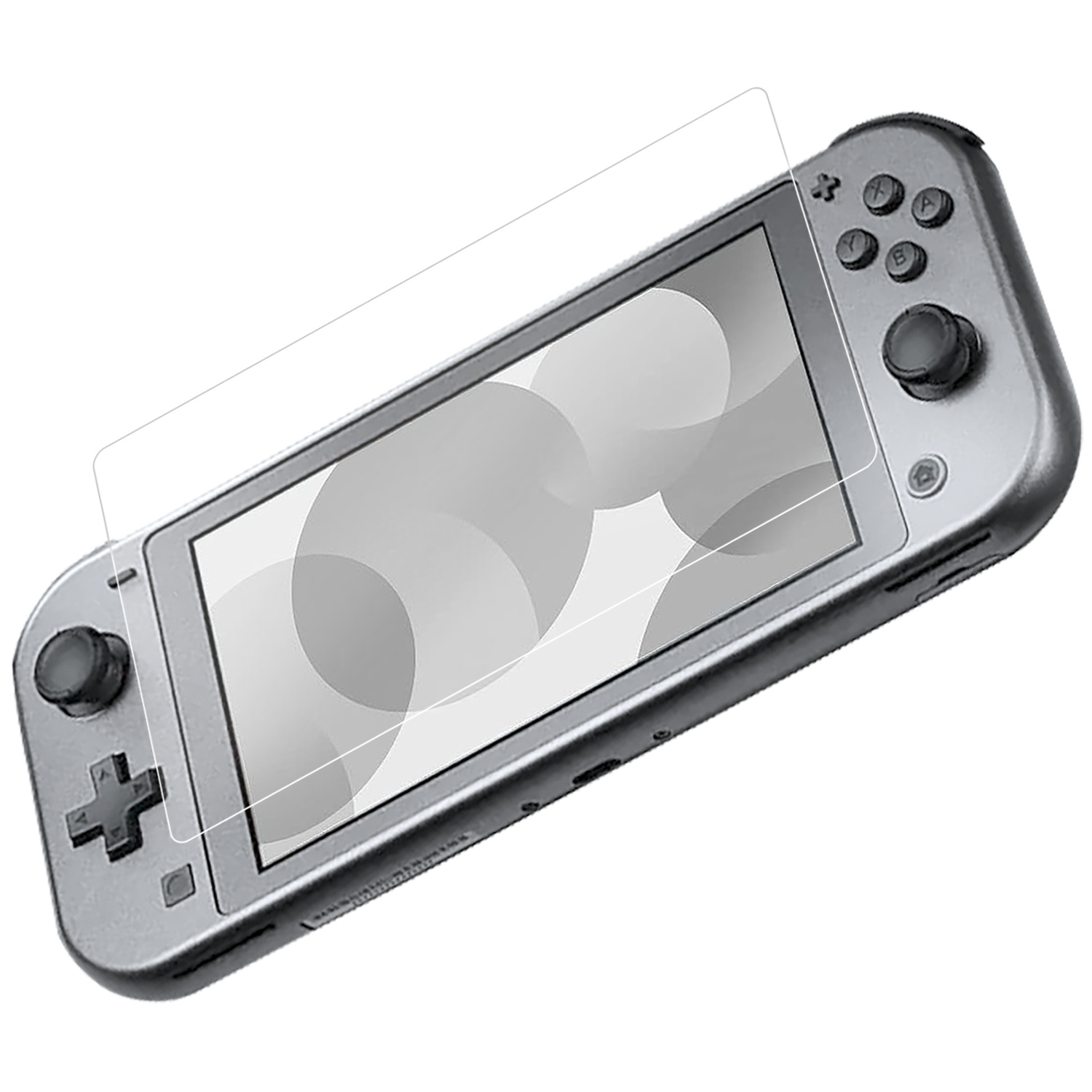 Une console de jeu portable argentée avec protecteur d'écran. Boutons gris.