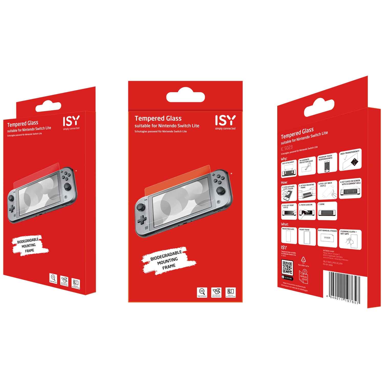 Emballage rouge pour protecteurs d'écran Nintendo Switch Lite avec instructions.