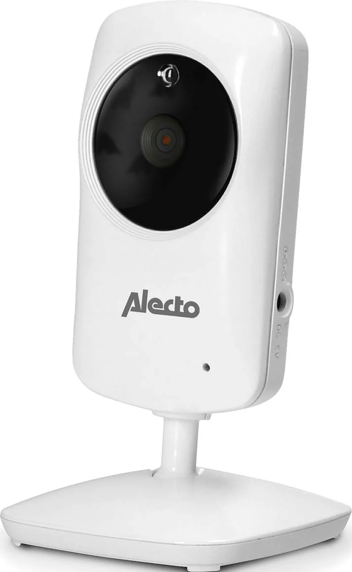 Caméra babyphone blanche avec objectif noir et logo Alecto sur un support.