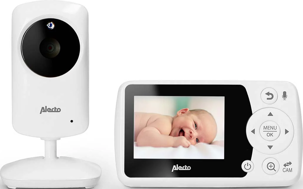 Un babyphone blanc avec caméra et écran montrant un bébé souriant.