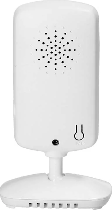 Un émetteur de babyphone blanc avec haut-parleur et symbole d'appairage.