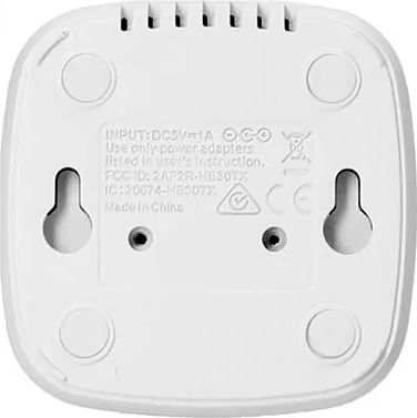 Dessous d'appareil blanc avec spécifications d'entrée : DC5V=1A, ID FCC 2AF2R-HB50TX. Fabriqué en Chine.
