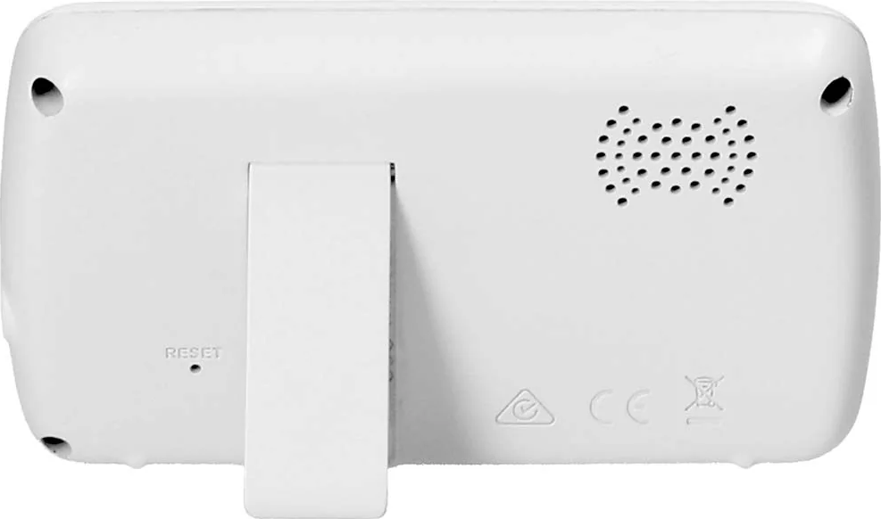 Dos d'appareil blanc avec support, bouton reset et grille haut-parleur.