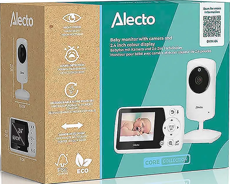 Babyphone Alecto avec caméra et écran couleur de 2,4 pouces, montrant bébé.