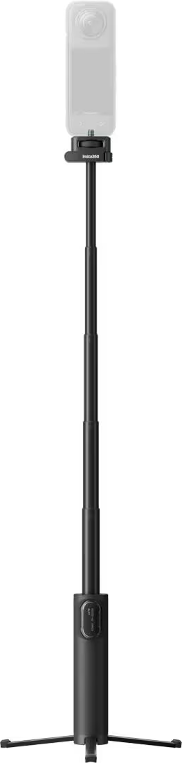 Un selfie stick nero con treppiede estensibile e supporto per fotocamera.