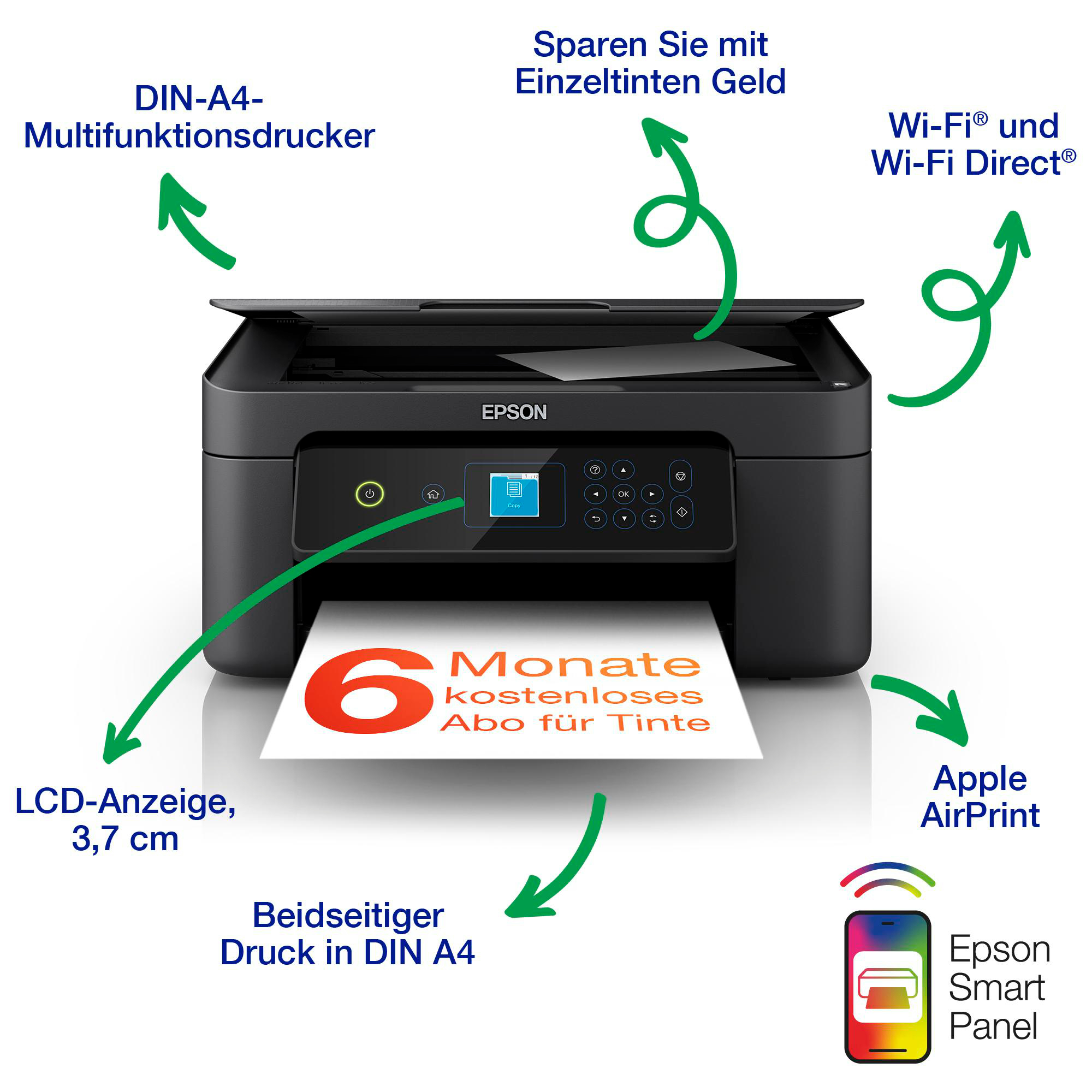 Epson Multifunktionsdrucker mit LCD, Wi-Fi, AirPrint & 6 Monate Tinte gratis.