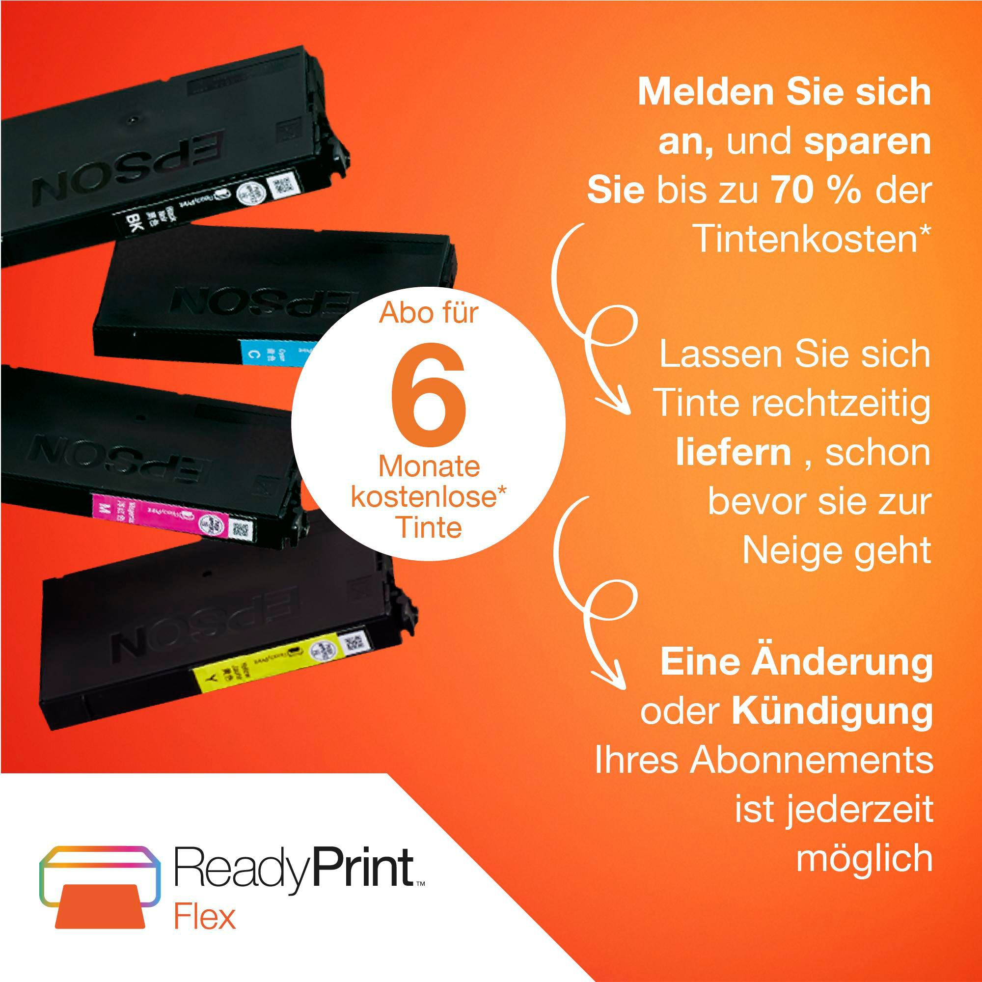 Epson-Tintenpatronen und ReadyPrint Flex Logo auf orangem Hintergrund.