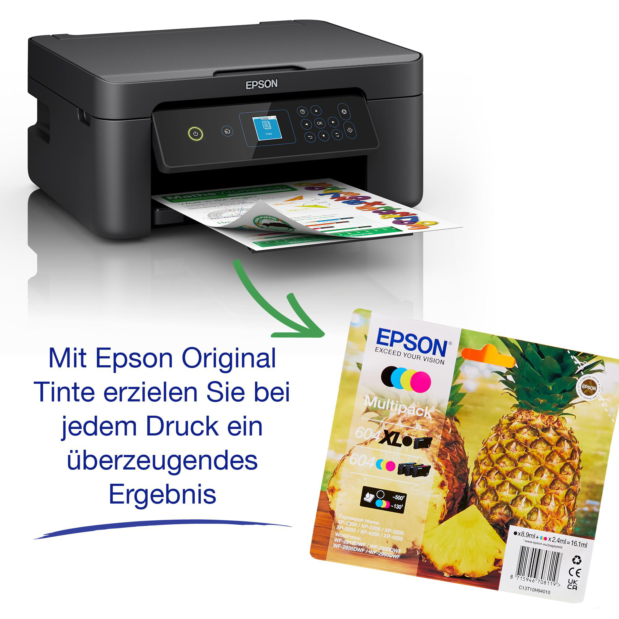 Epson Drucker mit bedrucktem Blatt und Tintenpatronen-Multipack mit Ananas.