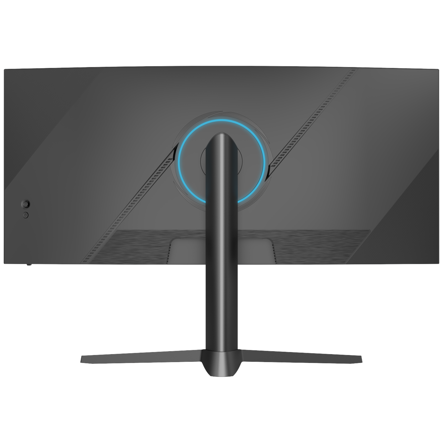 Back of a black monitor with a blue light ring around its stand.