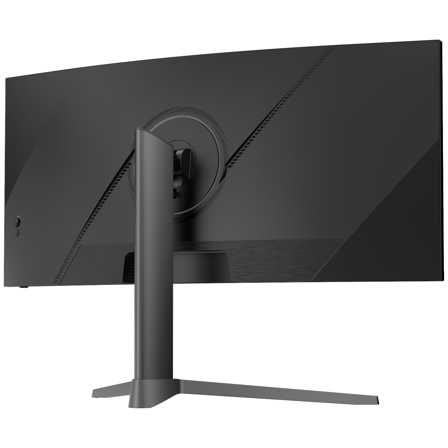 Back view of a black, curved monitor with a round base and V-shaped stand.