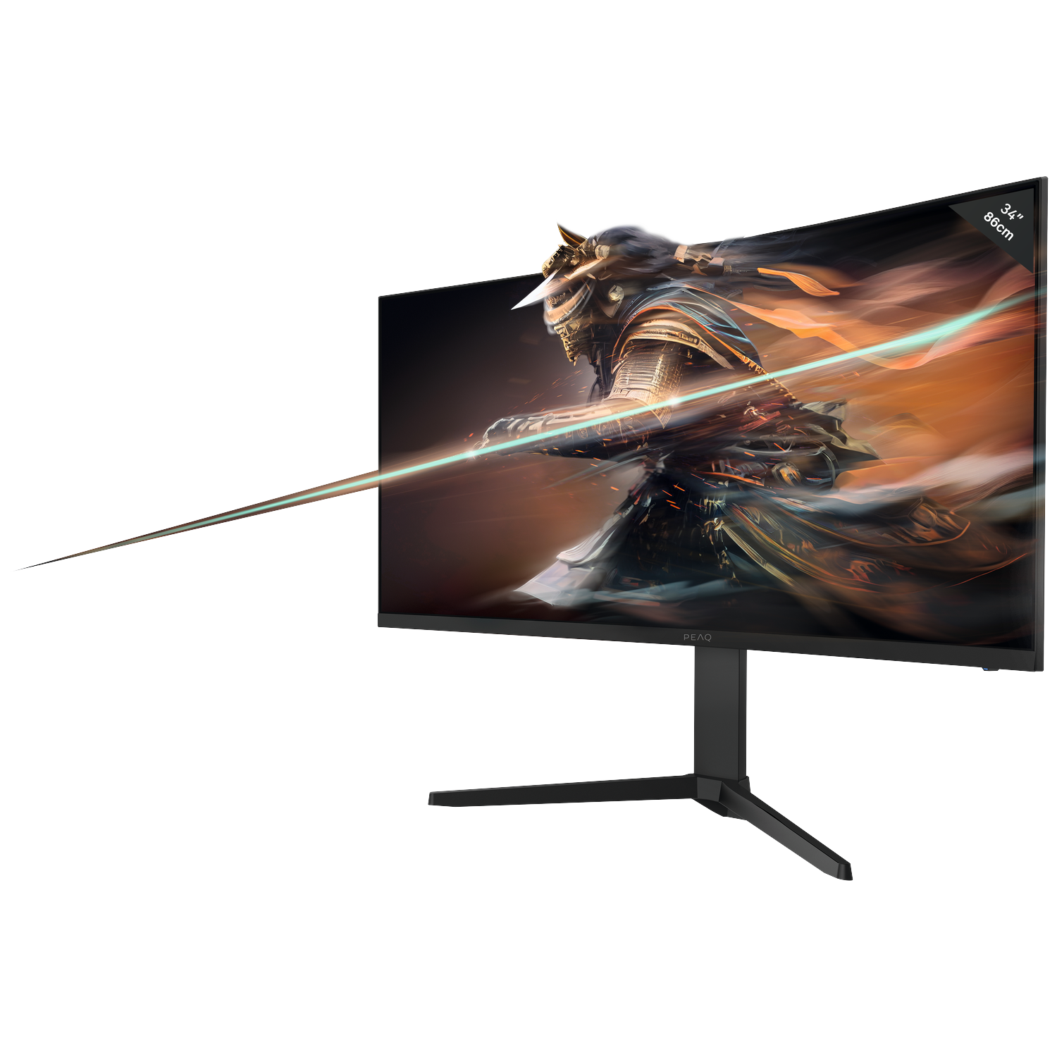A 34-inch monitor displaying dynamic samurai graphics with a blue light beam.