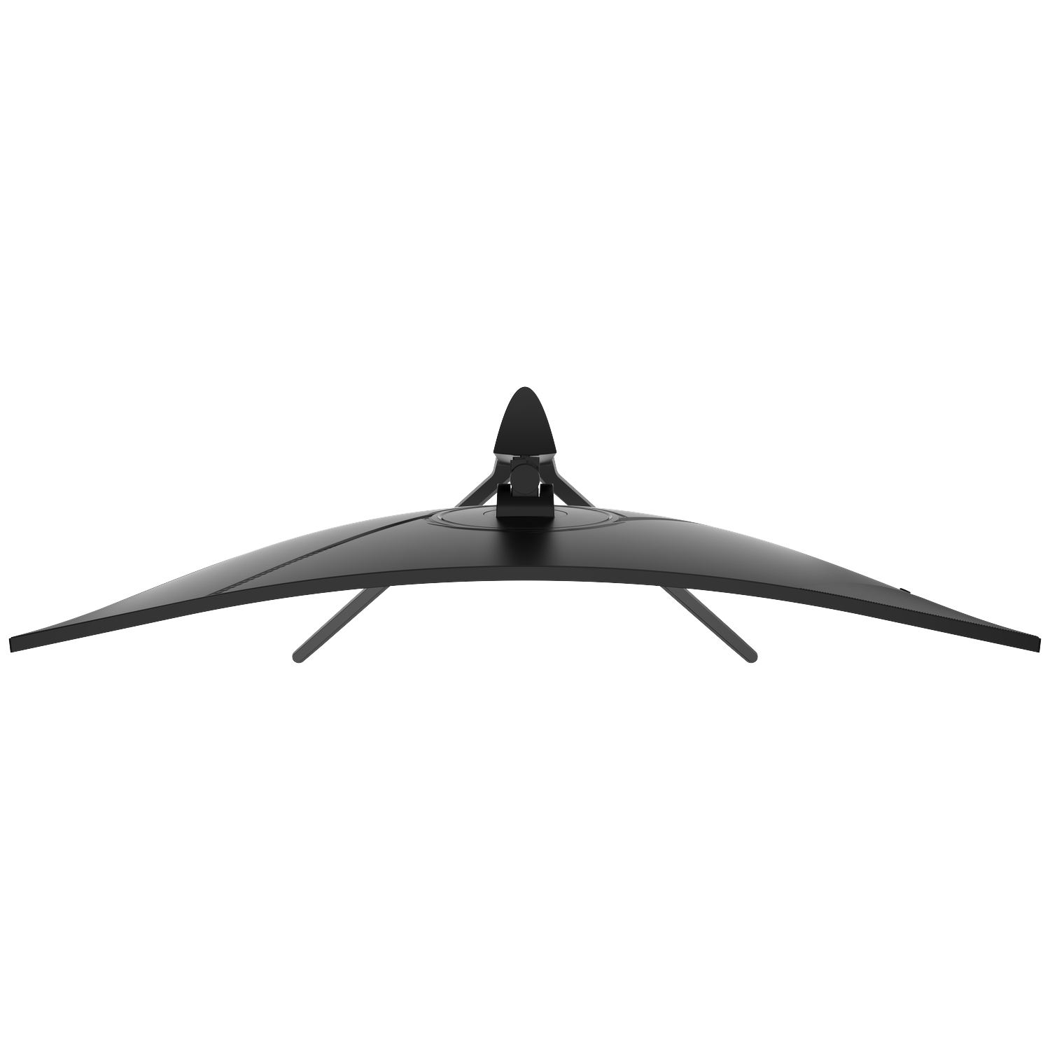 Black curved computer monitor from above with stand on a white background.