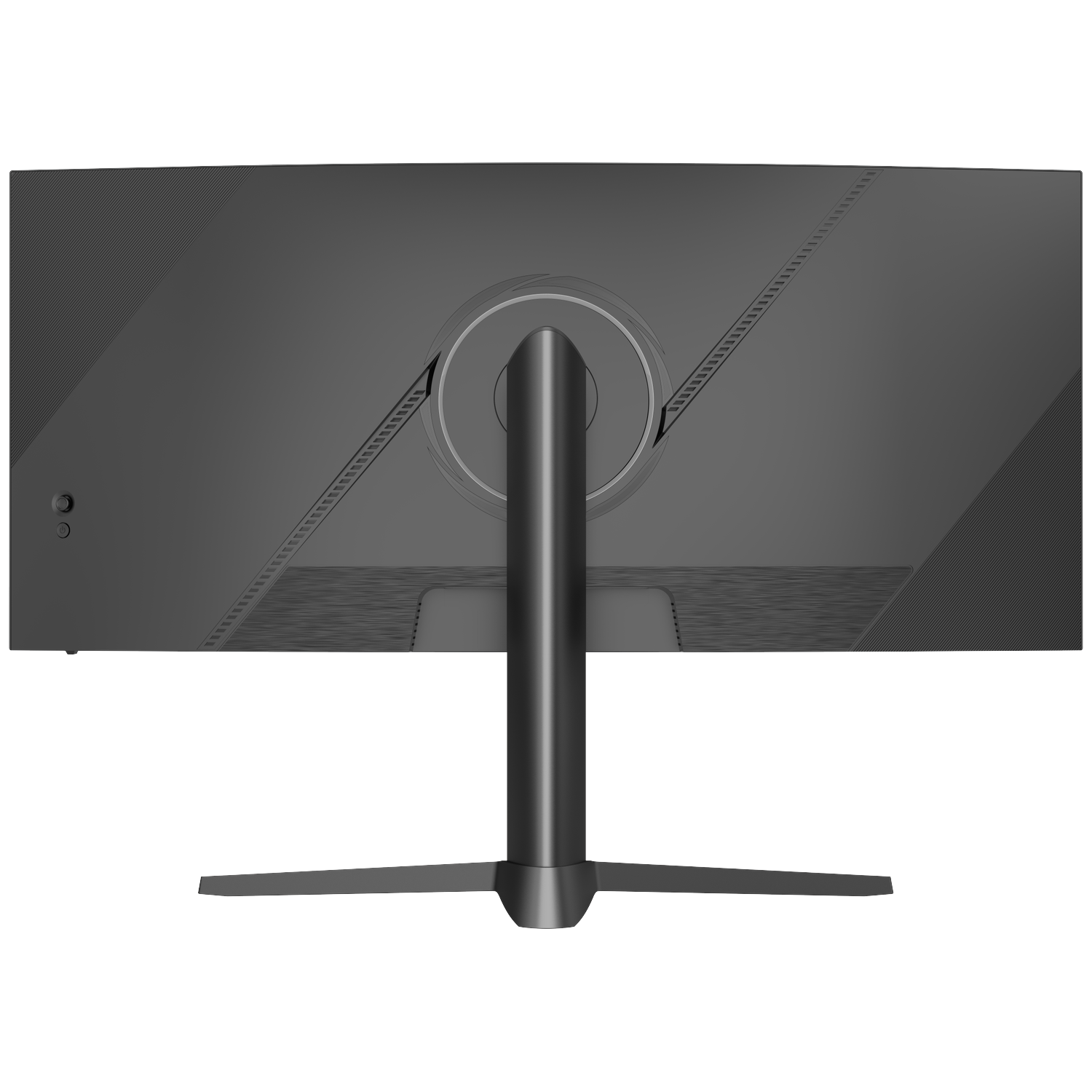 Back of a black monitor with a round stand and slim feet.