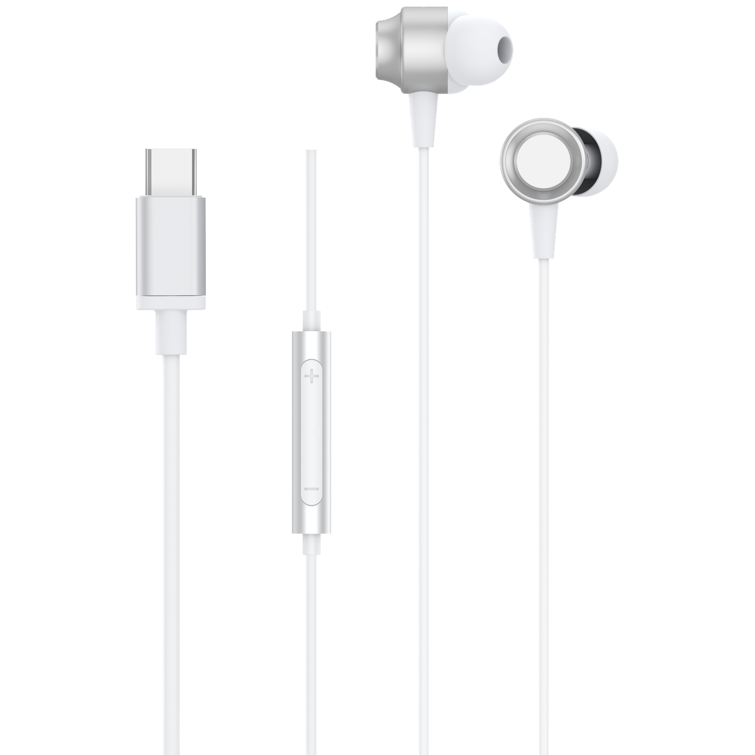 White earphones with USB-C connector and inline remote control.