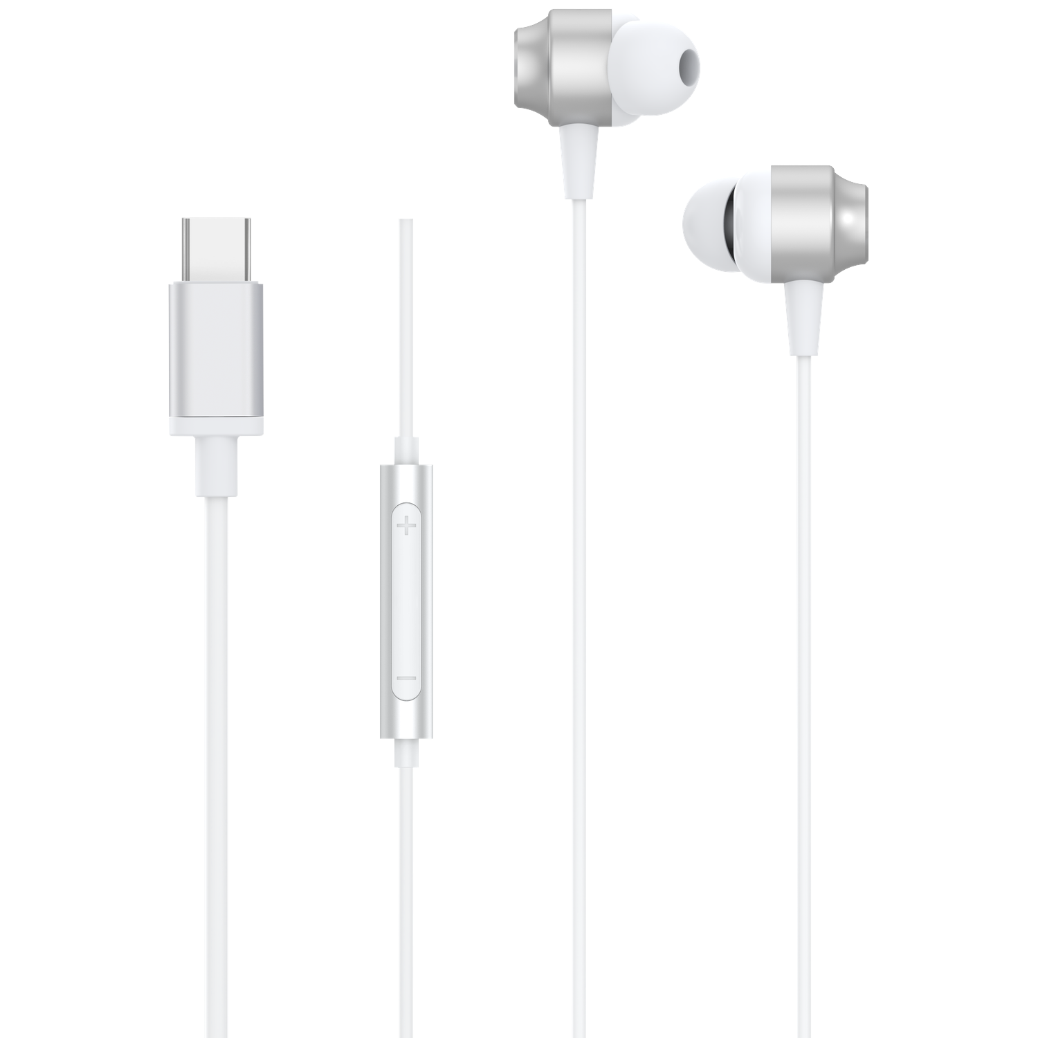 White earphones with silver accents and a USB-C connector.