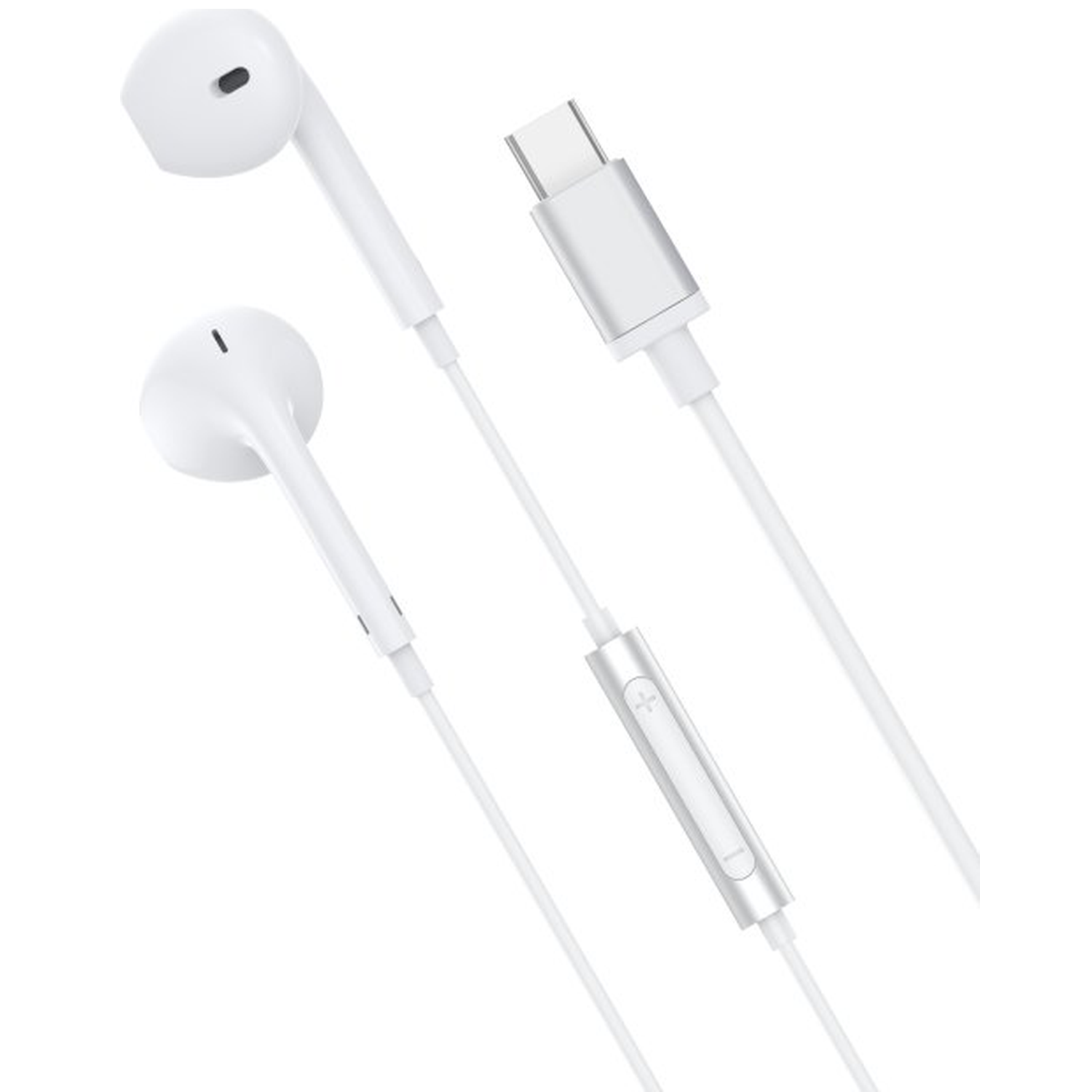 White earphones with USB-C connector and volume control.