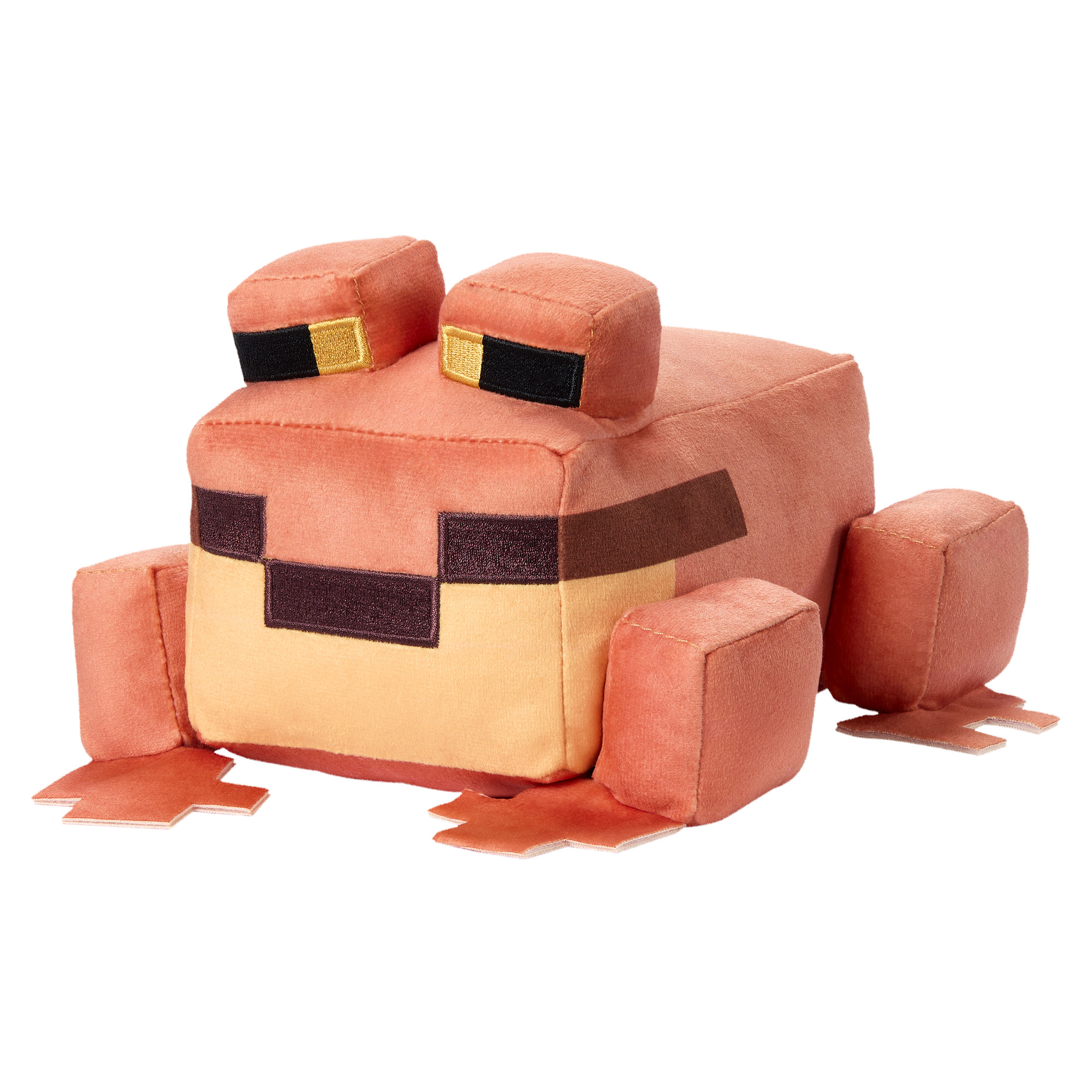 Ein korallfarbener Minecraft-Frosch-Plüsch mit Pixeldetails und großen Augen.