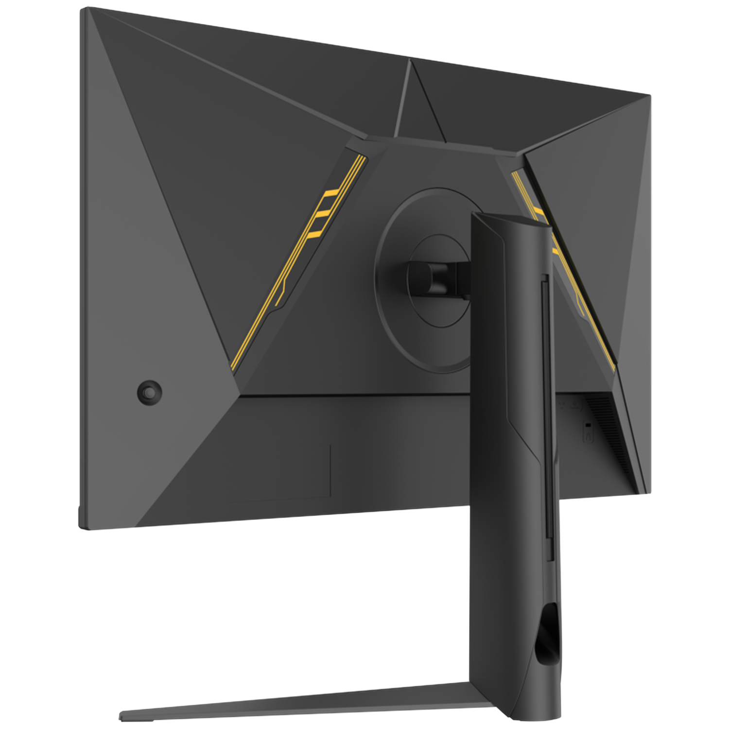Back view of a black monitor with yellow accents and a slim stand.